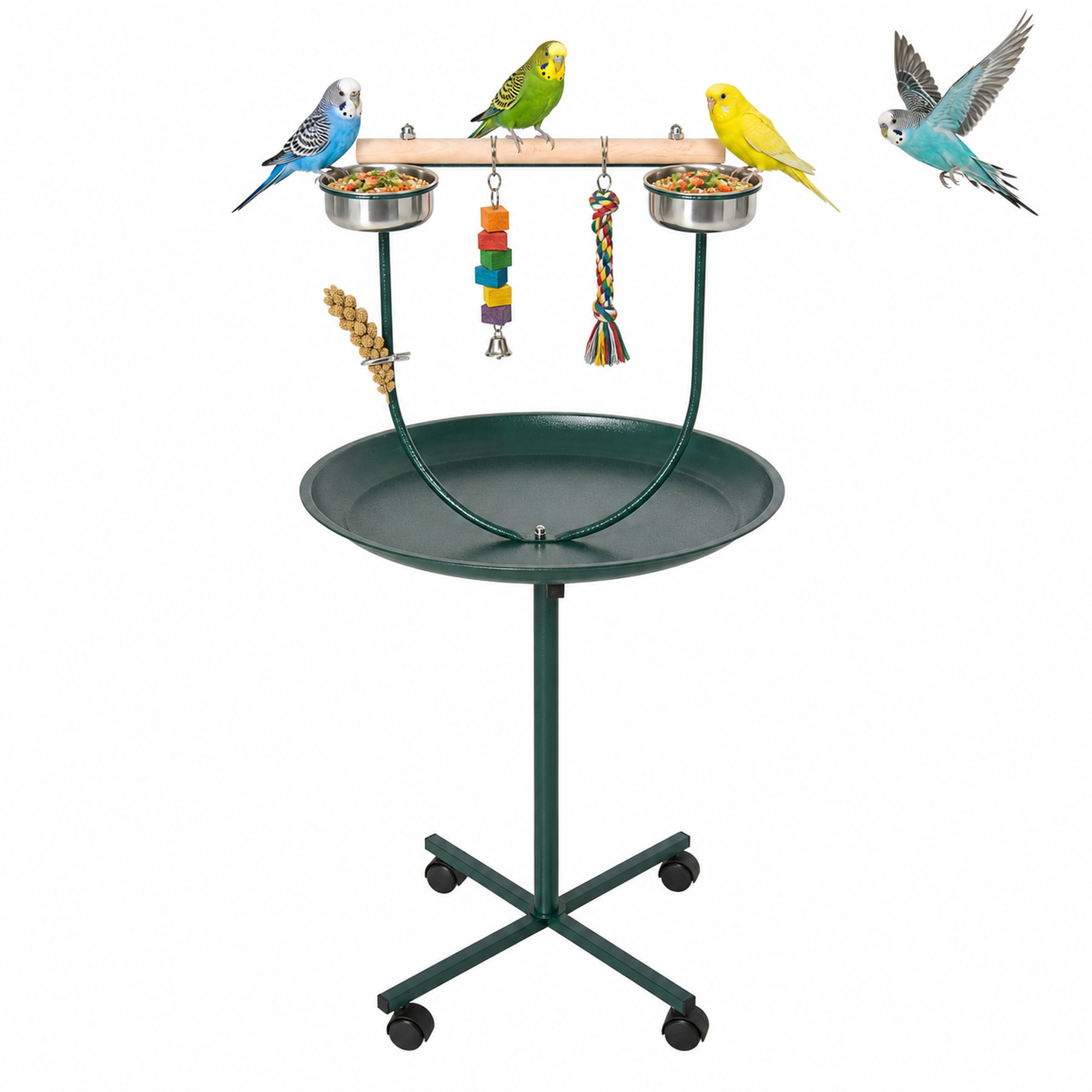 PawHut 48" Rolling T-Stand, Parrot Stand, Bird Training Activity Playground With Wheels and Perch,, Bird Play Perch, Green
