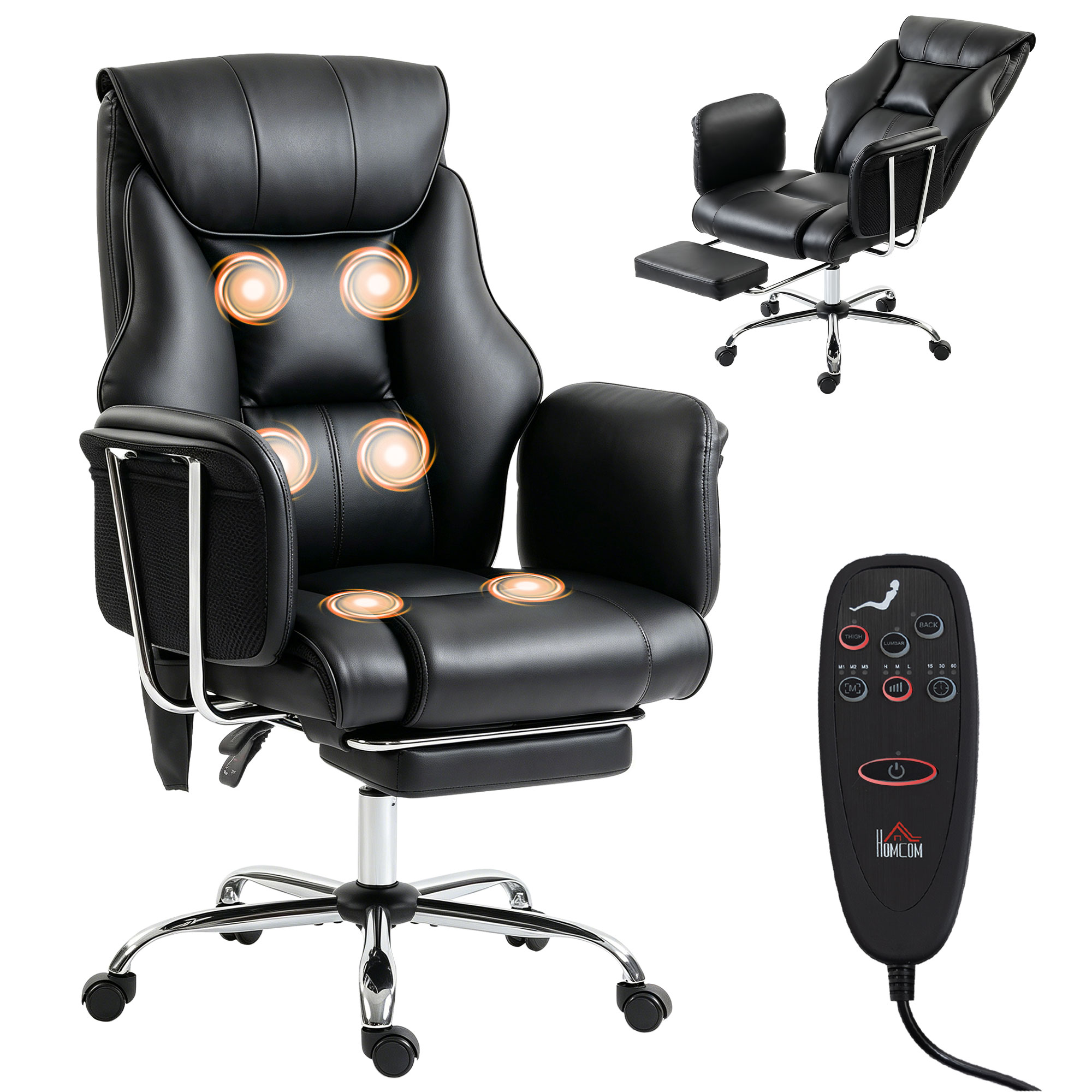 HOMCOM Massage Office Chair with 6 Points Vibration, Executive Desk Chair with High Back, PU Leather, Footrest, Black