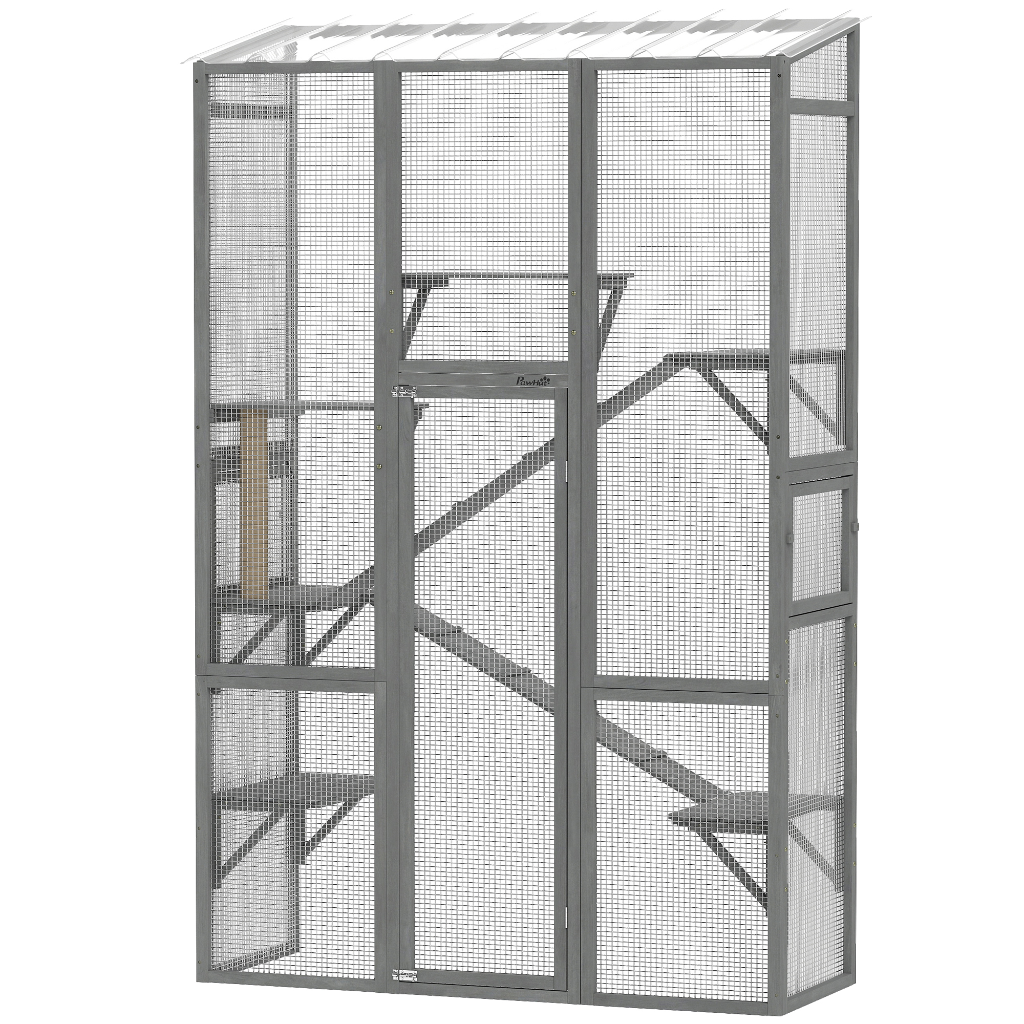 PawHut Outdoor Catio Cat Enclosure, Large Wooden Cat House with 6 Jumping Platforms, Scratching Post, 2 Ramps, for 2-3 Kittens
