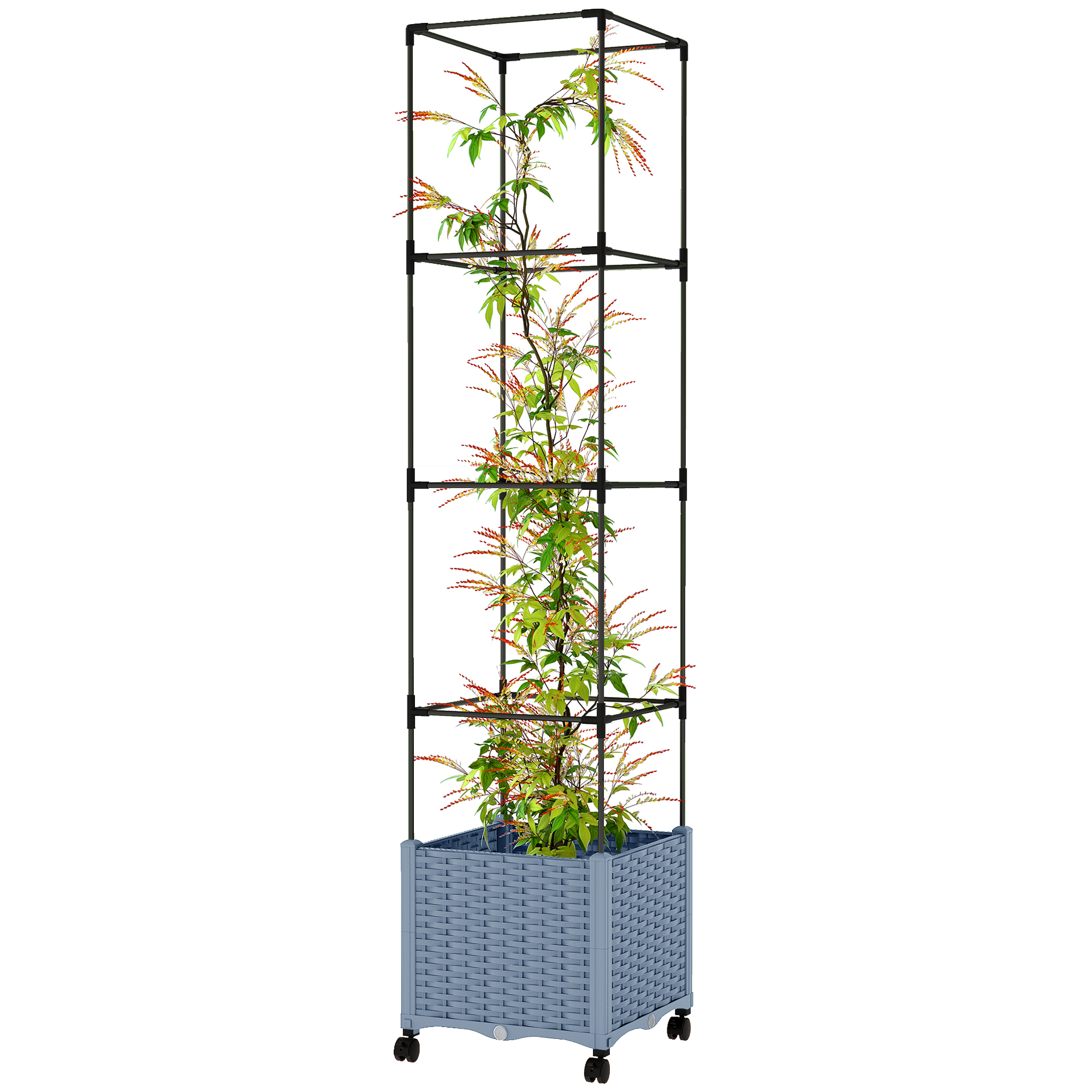 Outsunny Raised Garden Bed with Trellis, Tomato Cage with Lockable Wheels, Self Watering Planter Box with Drainage Holes, Gray