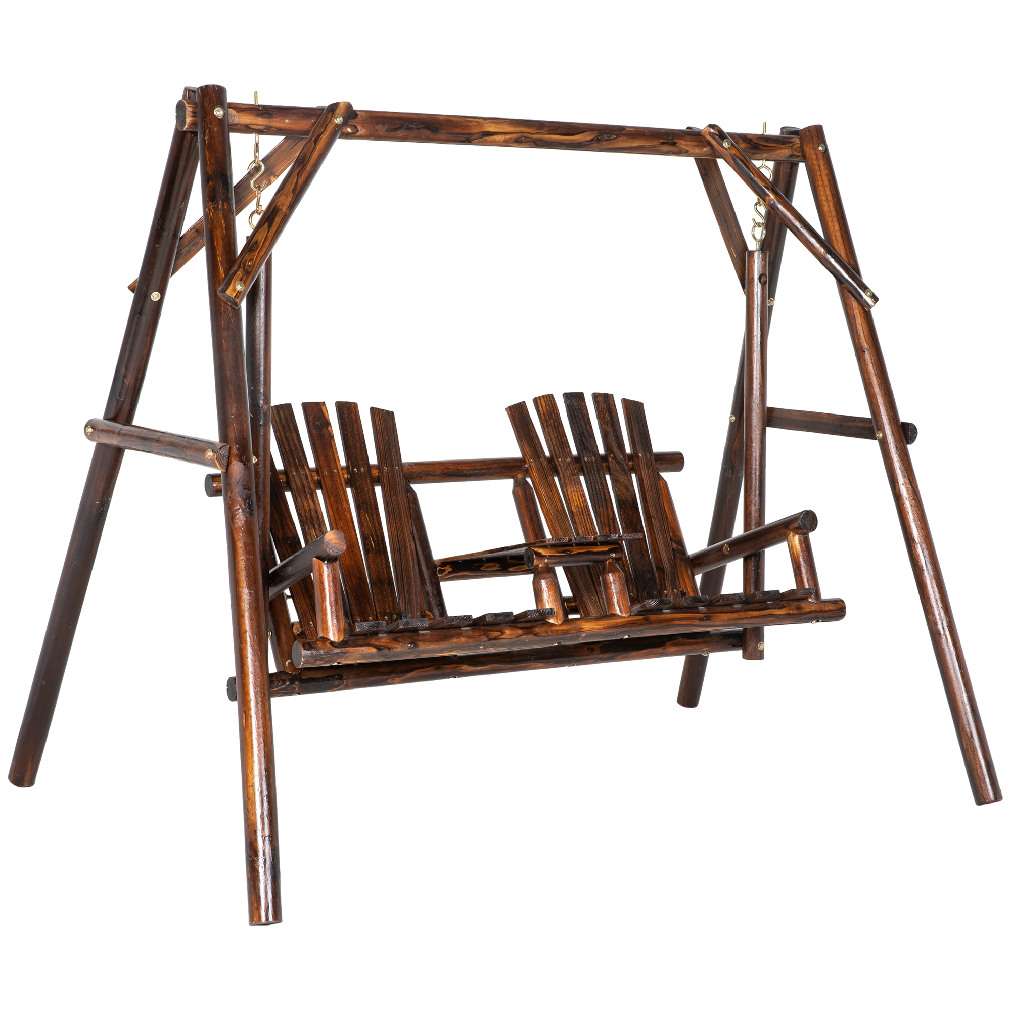 Outsunny Wooden Porch Swing with Stand, 2-Seat Patio Swing Chair with Center Table, for Garden, Poolside, Backyard