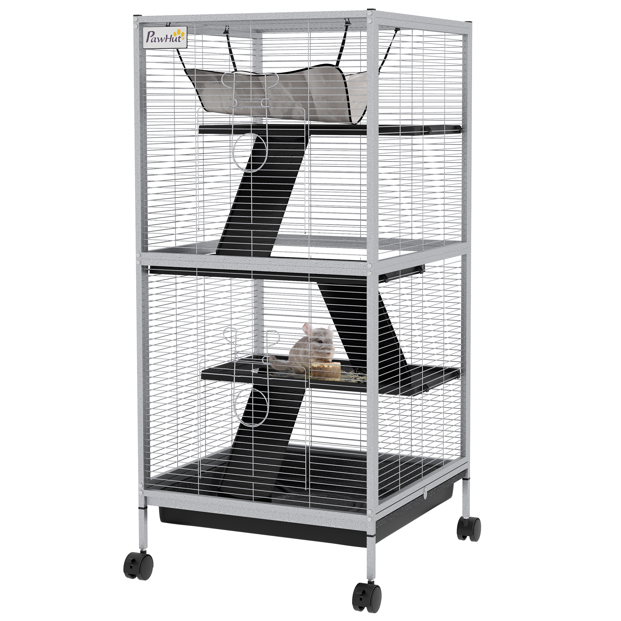 PawHut 45" H Rolling Small Animal Cage with Hammock, Ferret Cage, Chinchilla Cage, Pet Habitat with 6 Doors, Removable Tray