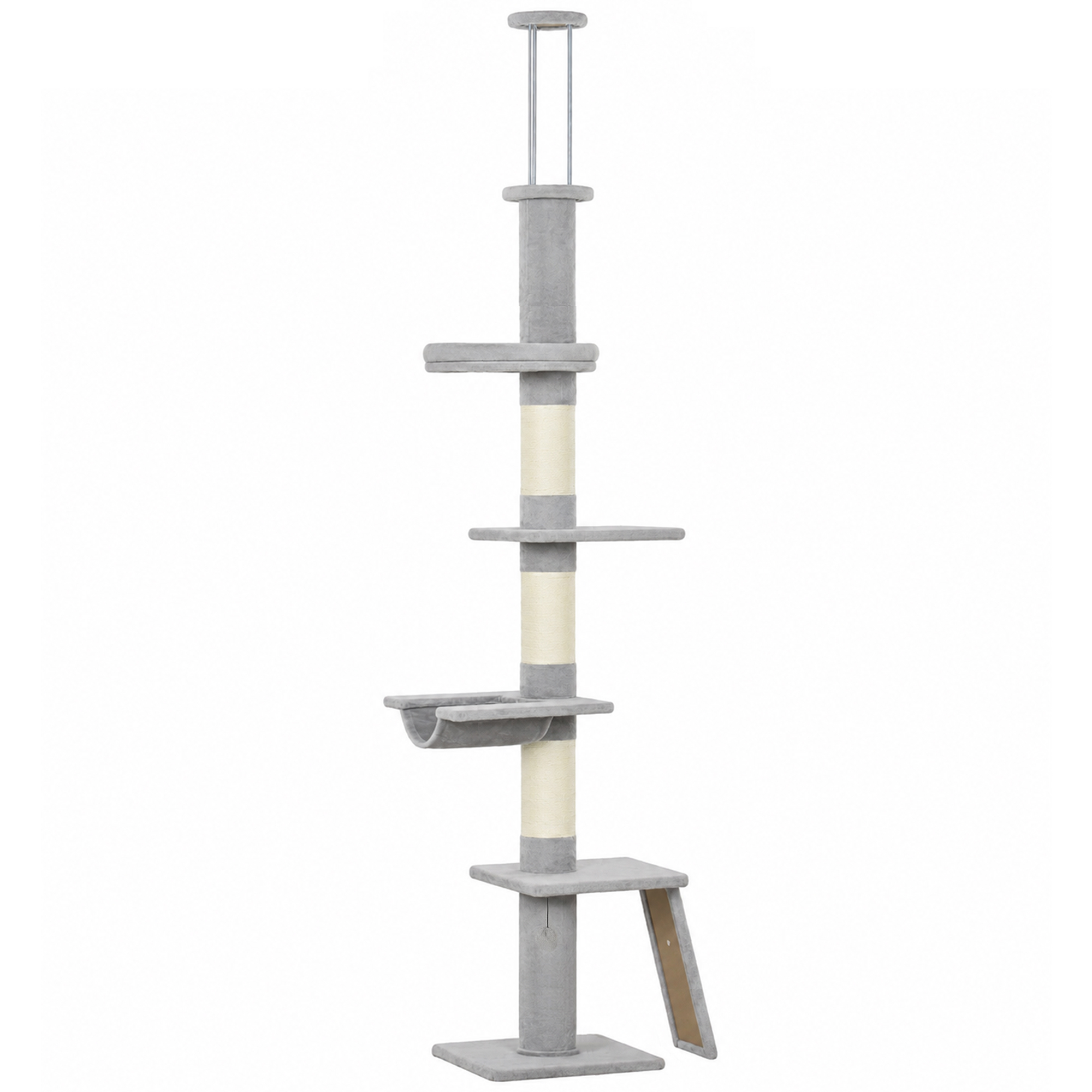 PawHut 90.6" -102.4" Floor-to-Ceiling Cat Tree Adjustable Height with 3-Rod Support, 5-Level Cat Tower, Light Gray