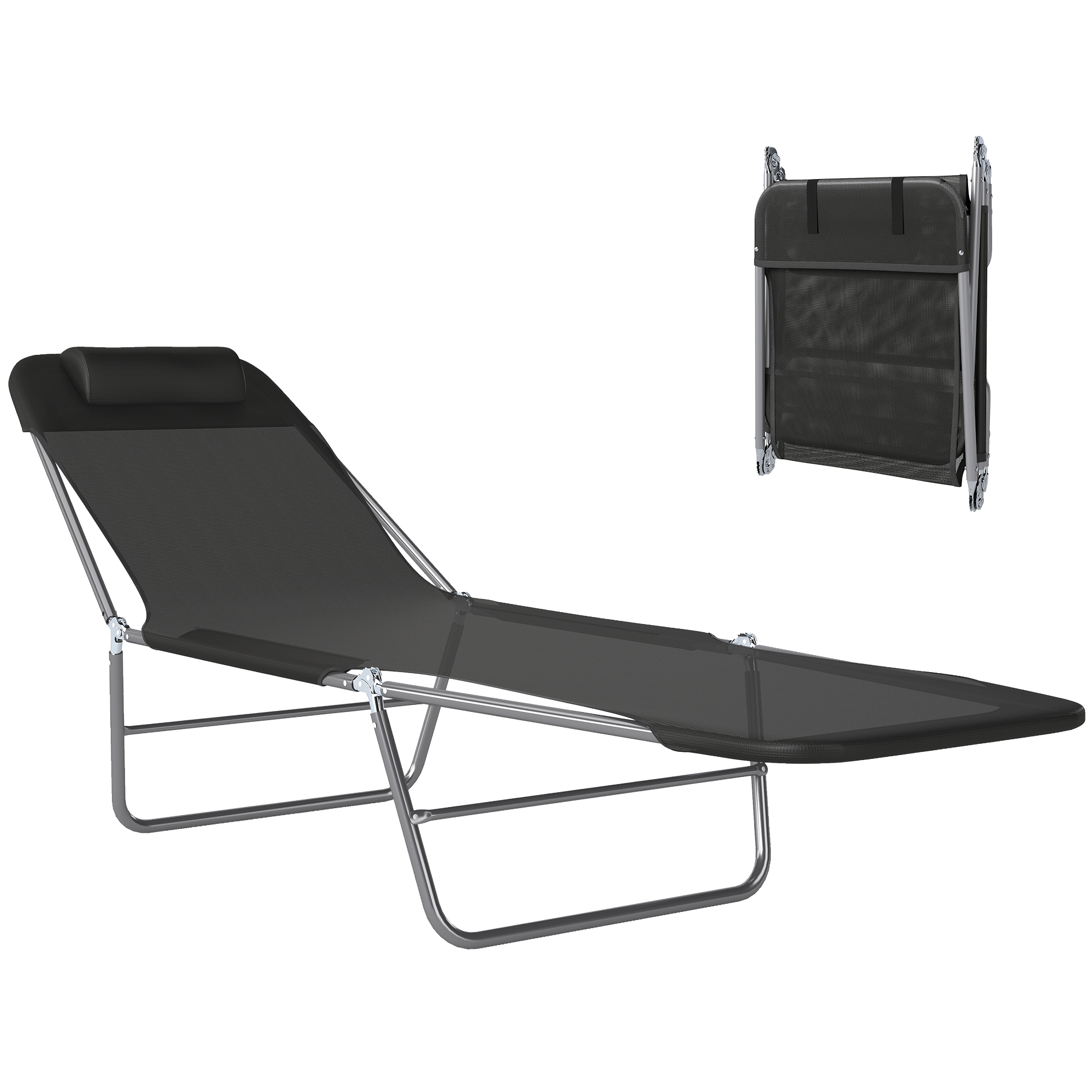Outsunny Folding Chaise Lounge Pool Chairs, Outdoor Sun Tanning Chairs with Pillow, Reclining Back, Black