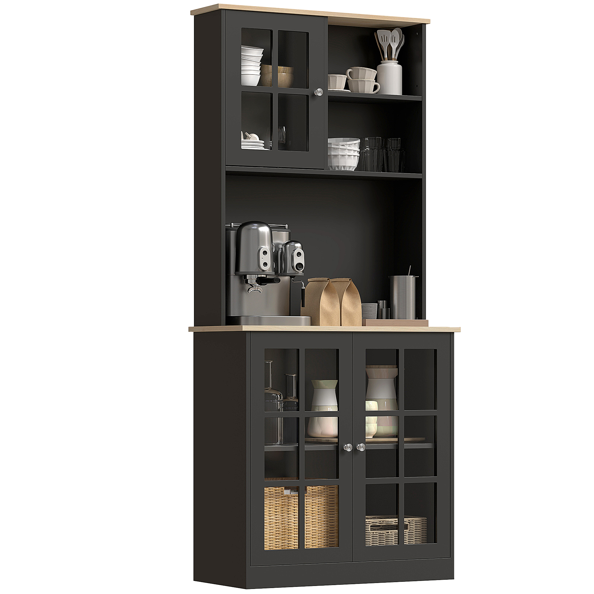 HOMCOM 72" Kitchen Pantry Storage Cabinet with Hutch, Large Countertop, Glass Doors and Adjustable Shelves, Black