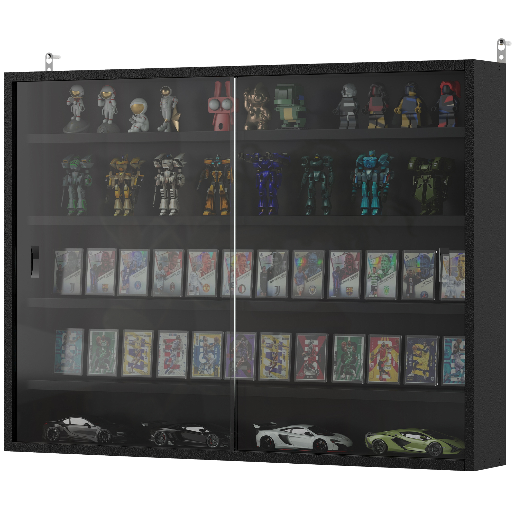 HOMCOM 5-Tier Display Cabinet, Wall-Mounted Display Case with 2 Glass Doors and Adjustable Shelves, Jet Black