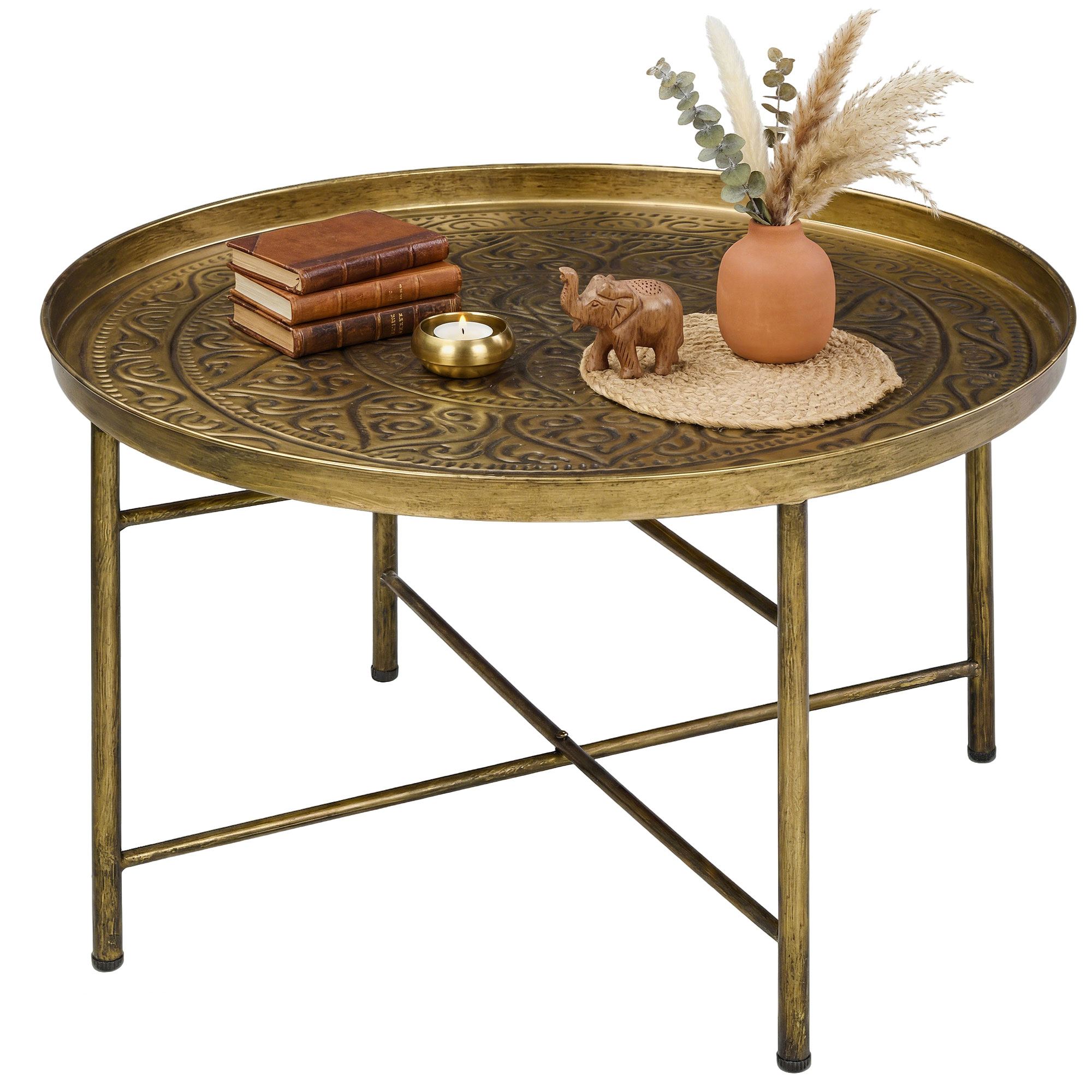 HOMCOM Coffee Table for Living Room, 24" Round Center Table with Hammered Tray Top and Metal Frame for Bedroom, Gold