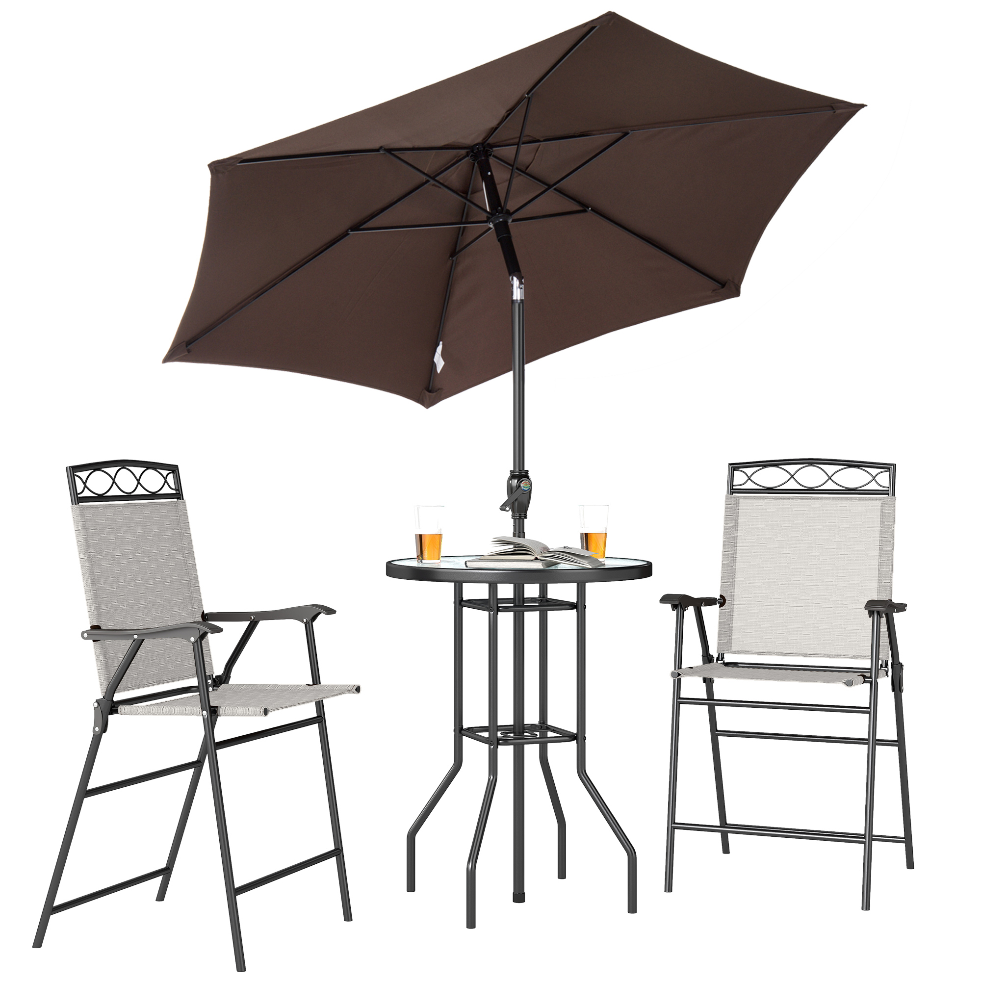 Outsunny 4 Piece Outdoor Bar Set with Umbrella, Patio Dining Set with 2 Folding Chairs, Wave Textured Tempered Glass Table, Beige