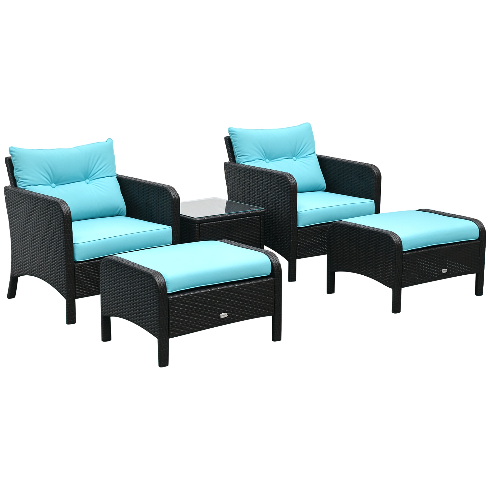 Outsunny 5 Pieces Rattan Wicker Lounge Chair Outdoor Patio Conversation Set with 2 Cushioned Chairs, 2 Ottomans and Tempered Glass Top Coffee Table, B