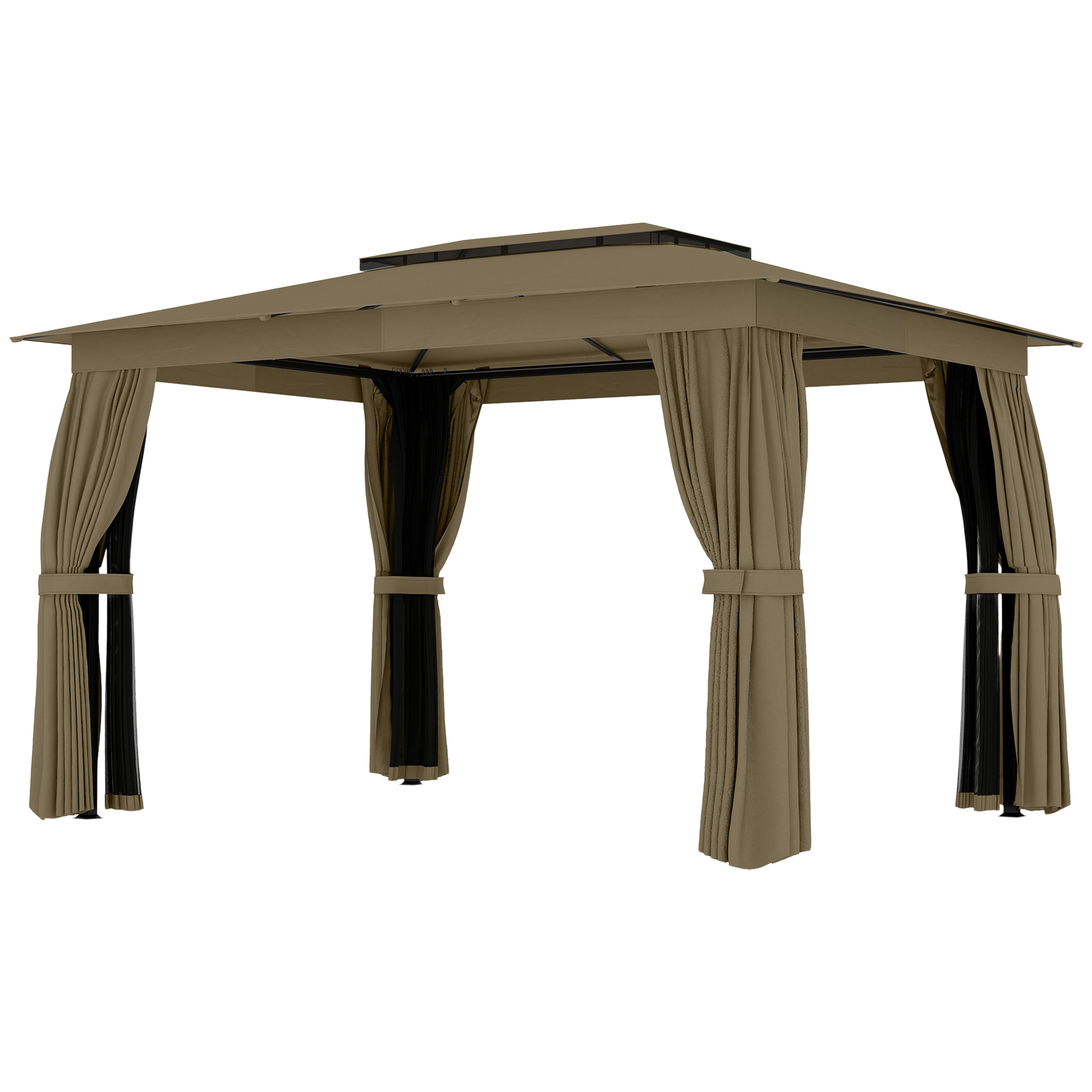 Outsunny 10' x 12' Outdoor Patio Gazebo, Soft Top Gazebo Canopy Shelter with Curtains, Netting, Steel Frame, Hooks, Khaki
