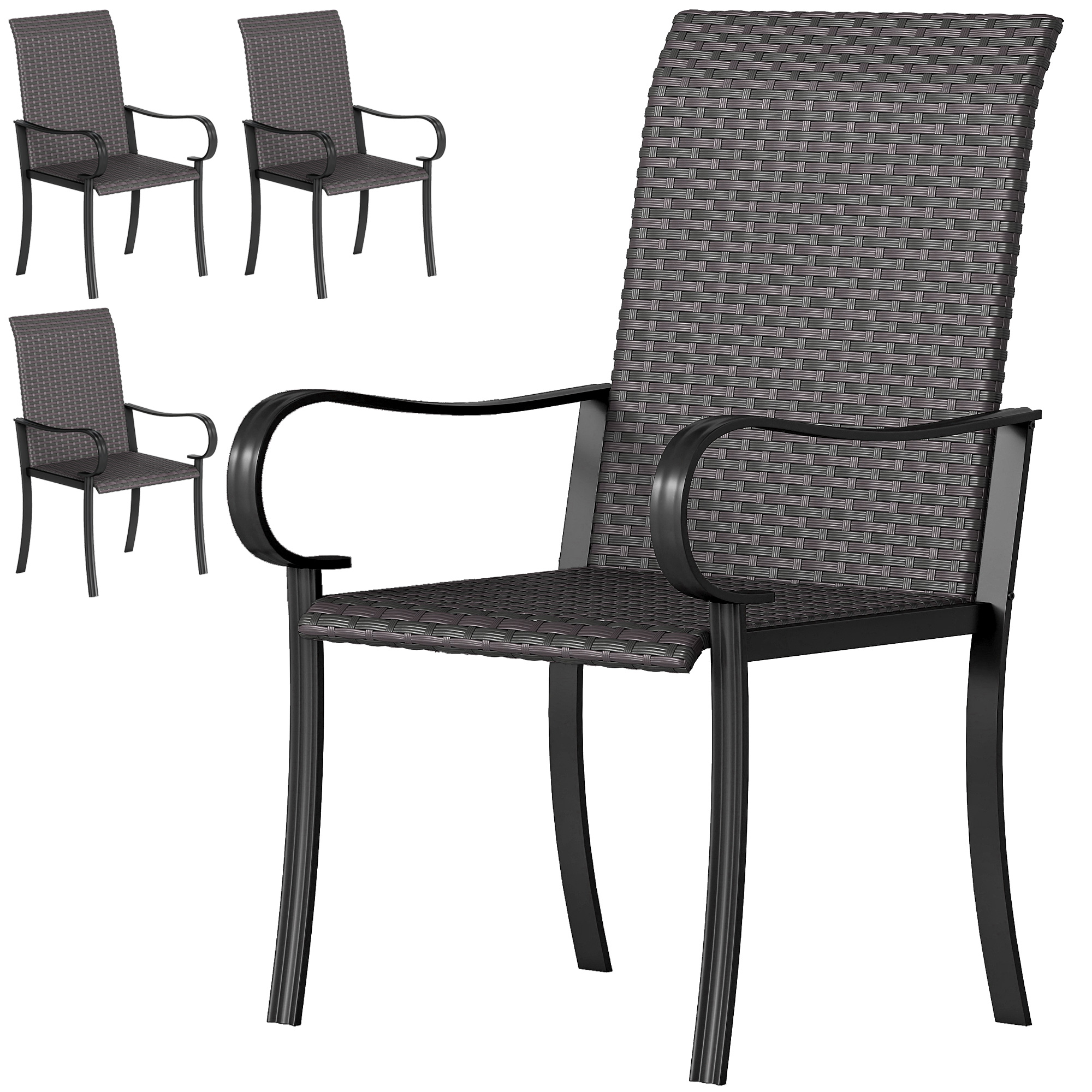 Outsunny Set of 4 Outdoor Wicker Dining Chairs with Armrest, Steel Frame, Highback and Deep Seating, Brown