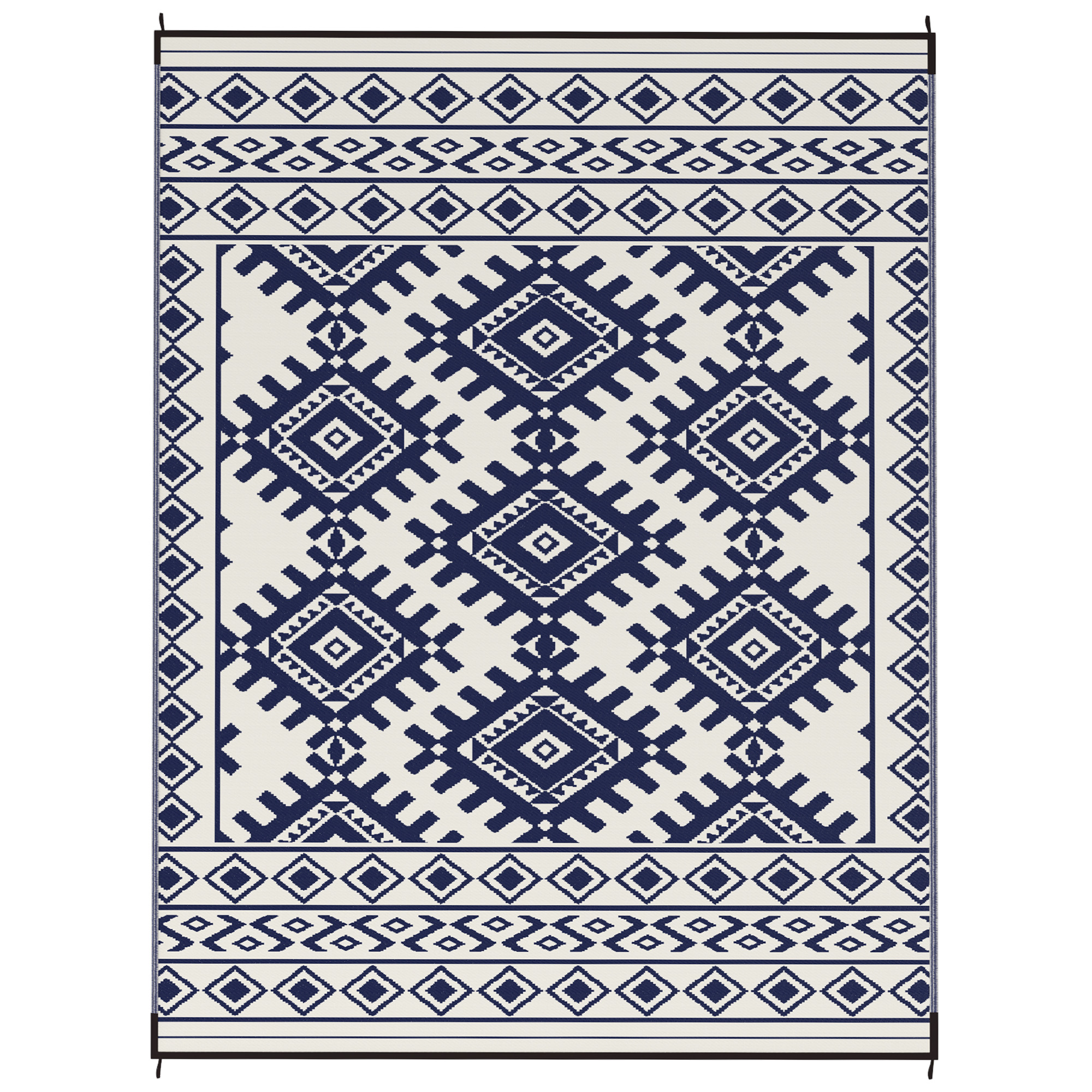 Outsunny Reversible Outdoor Rug, Waterproof Plastic Straw with Carry Bag, 9' x 12', Blue & White Rhombus Border
