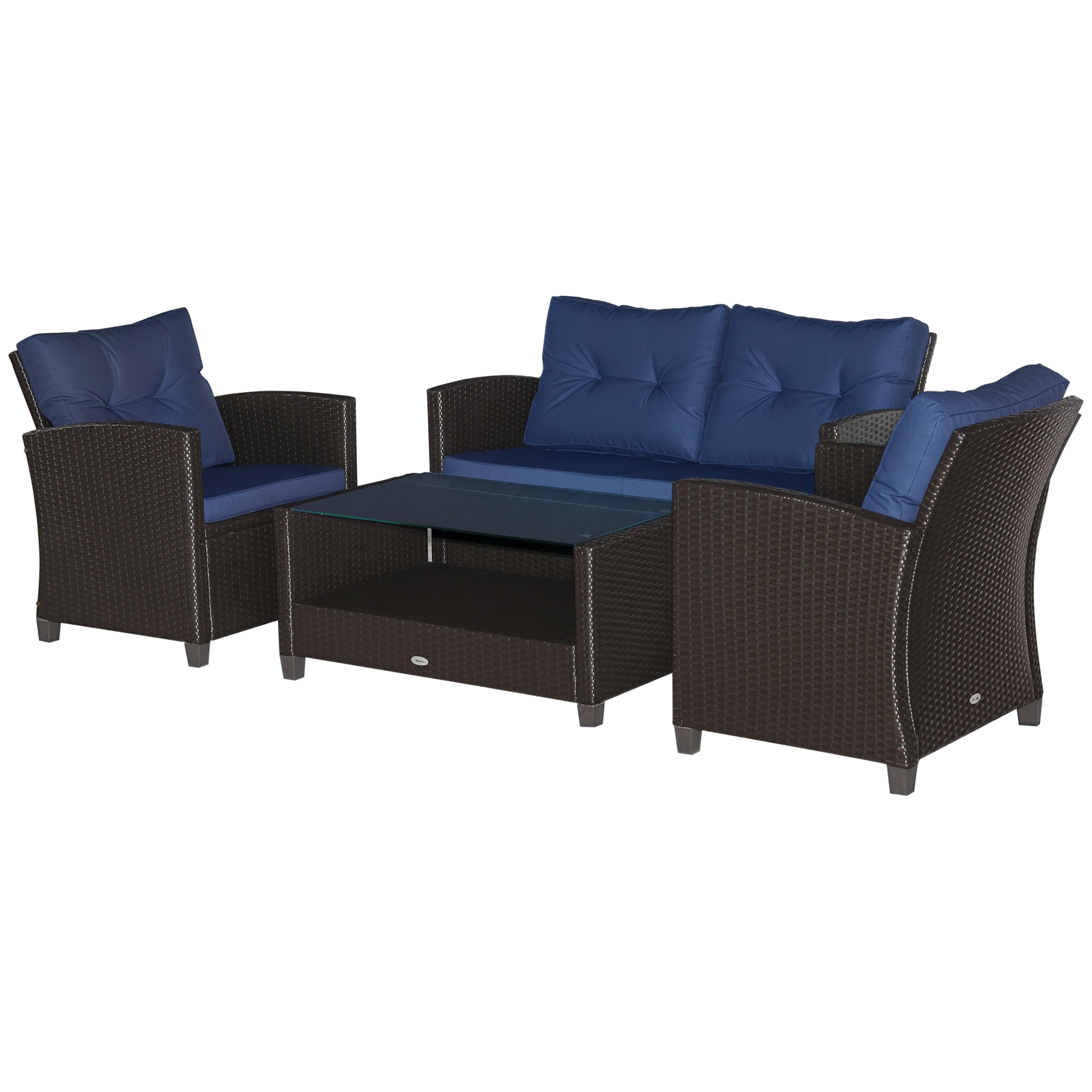 Outsunny 4 Pieces Patio Furniture Sets with Cushions, PE Rattan Wicker Conversation Chairs with Two-Tier Coffee Table for Backyard Porch Garden Poolsi
