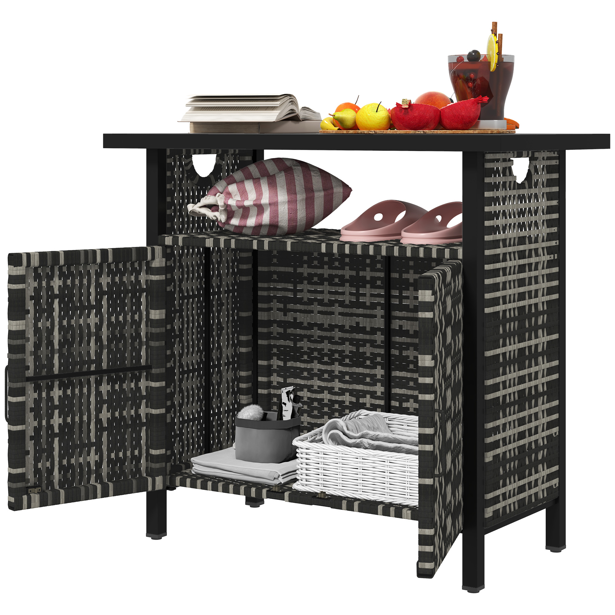 Outsunny Outdoor Pool Towel Storage Cabinet Organizer, Outdoor Bar Table with Shelf and Cabinet, Pool Towel Holder Pool Valet with Weather-Resistant P