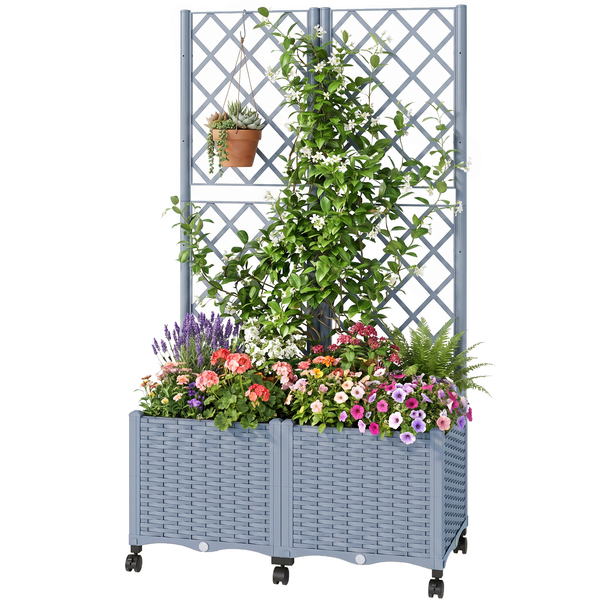 Outsunny Planter Box with Trellis, Self Watering Raised Garden Bed with Lockable Wheels and Drainage Holes, Gray