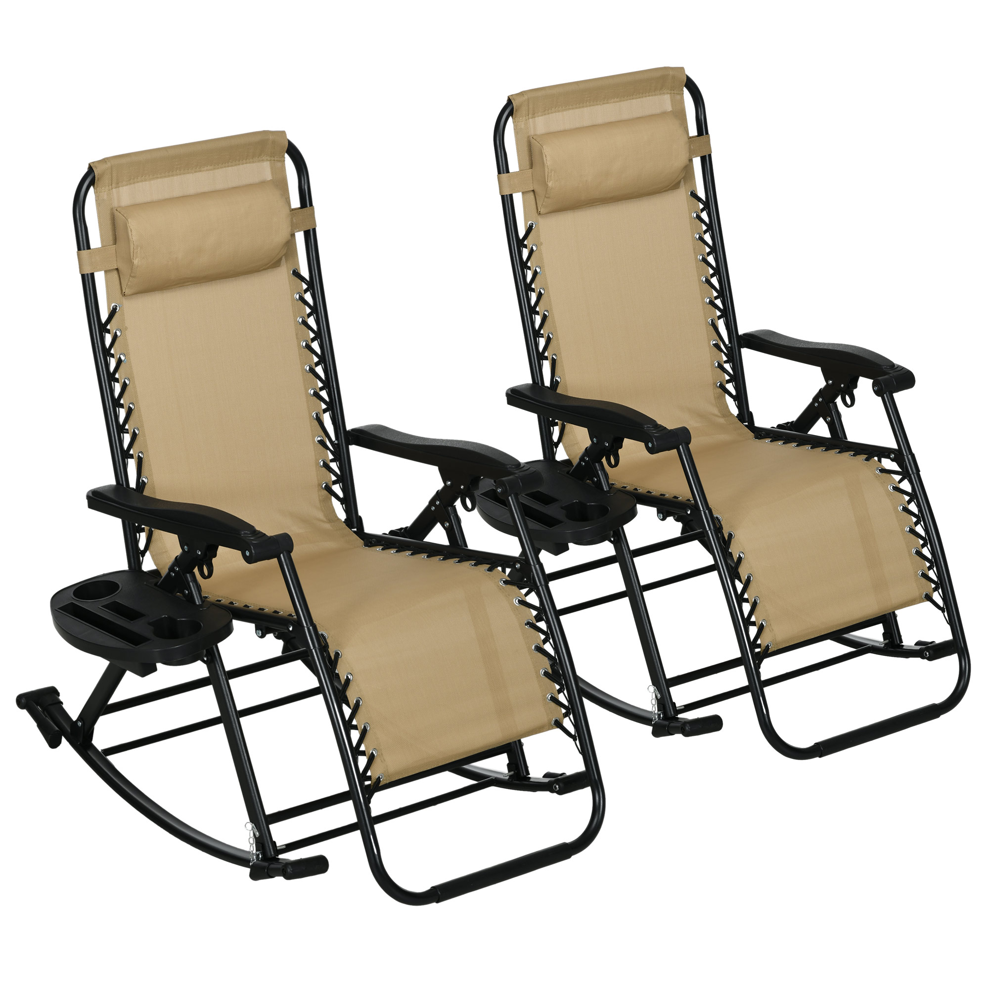 Outsunny 2 Outdoor Rocking Chairs Foldable Reclining Zero Gravity Lounge Rockers w/ Pillow Cup & Phone Holder, Beige