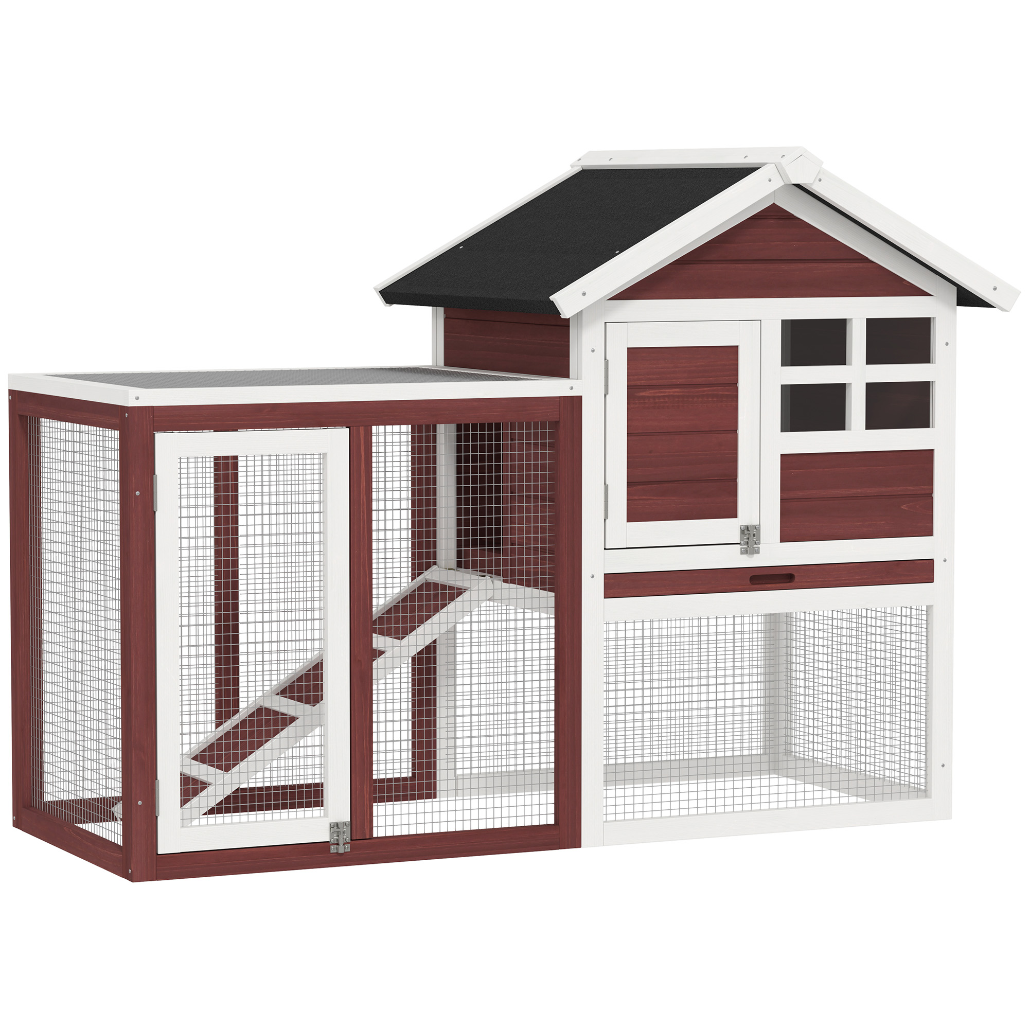 PawHut 49" Wooden Rabbit Hutch Bunny Cage with Waterproof Asphalt Roof, Fun Outdoor Run, Removable Tray and Ramp, Brown