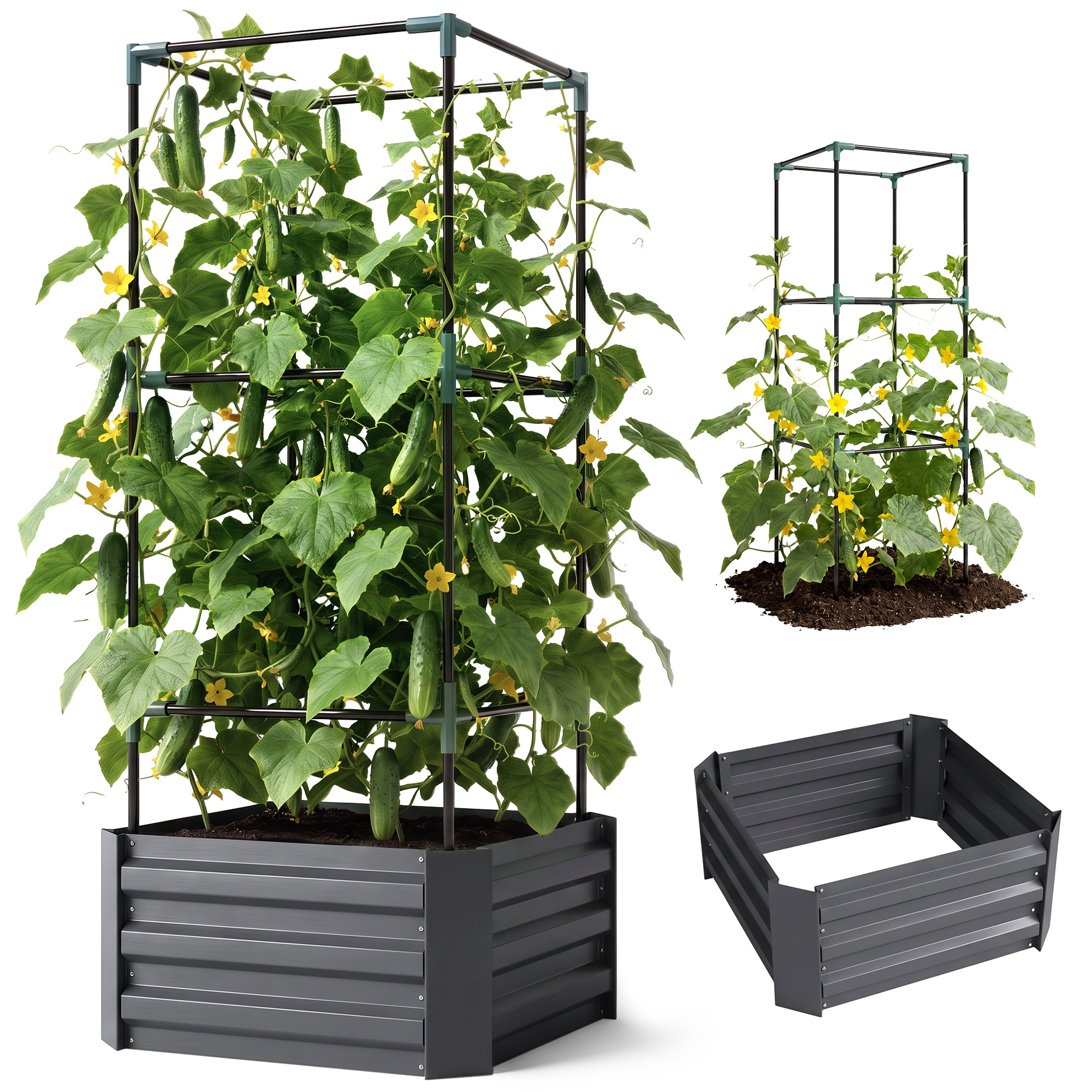Outsunny Galvanized Planter Box, 24" x 24" x 55" Raised Garden Bed with Tomato Cage for Climbing Vines, Dark Gray