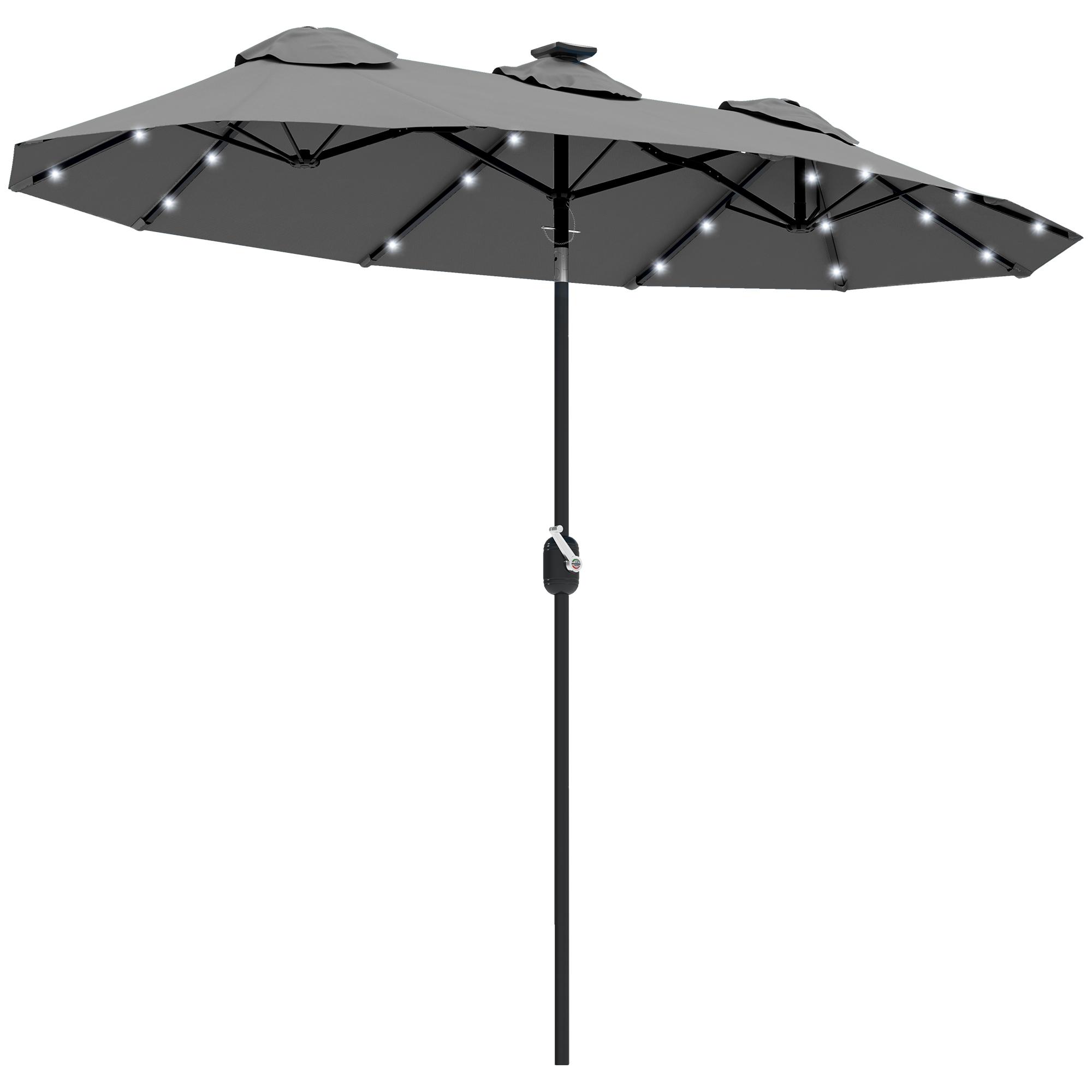 Outsunny Double-sided Patio Umbrella, 9.7' Outdoor Umbrella with Tilt and Crank, LED Solar Light and 12 Ribs, Gray