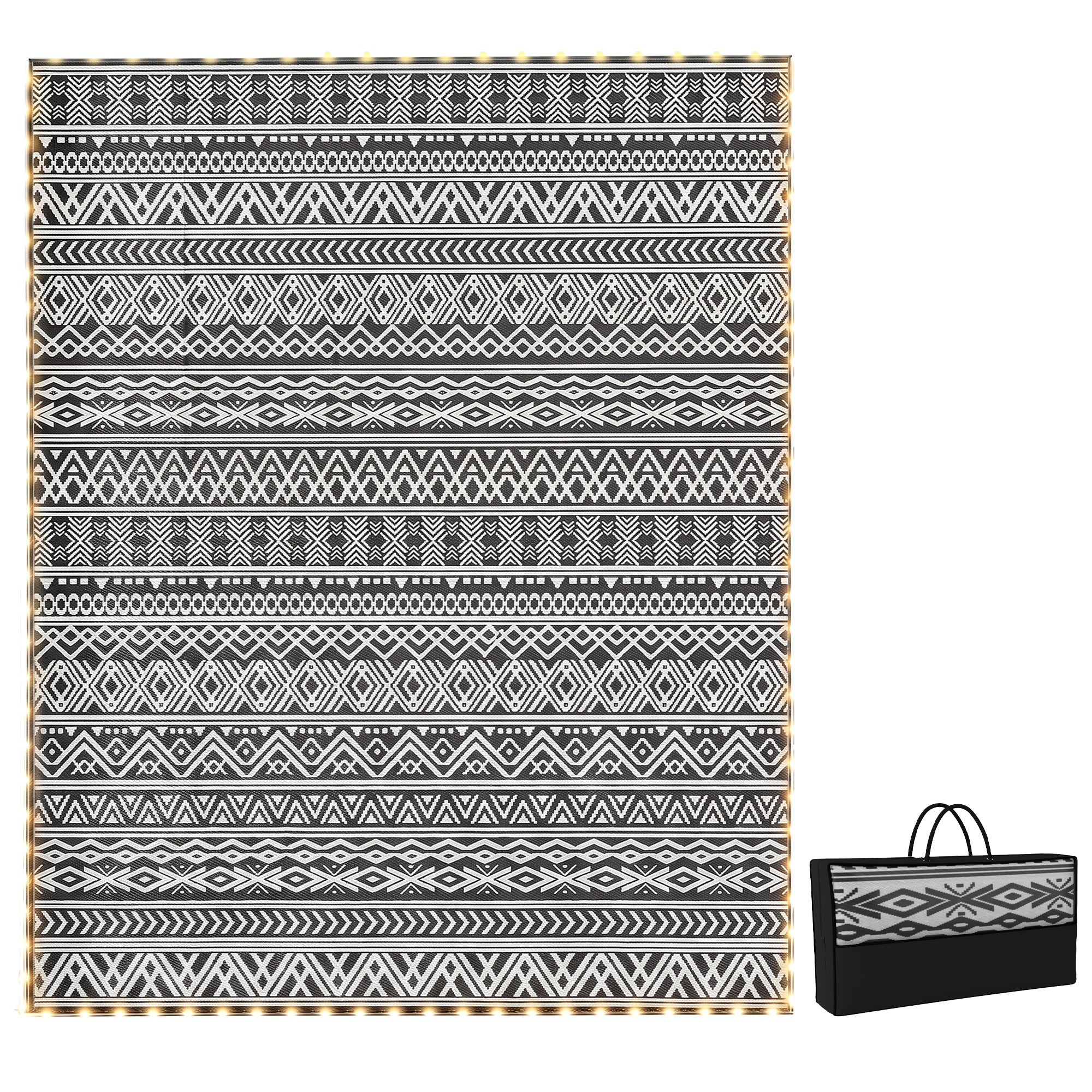 Outsunny Outdoor Rug Carpet with USB Lights Reversible Patio Rug with Carry Bag for Camping 10' x 8'
