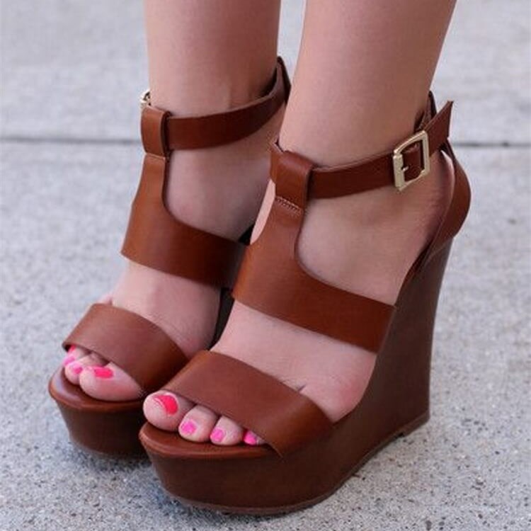 Brown Open Toe Ankle Strap Wedge Heels Sandals with Platform US 13 / EU 43-Brown