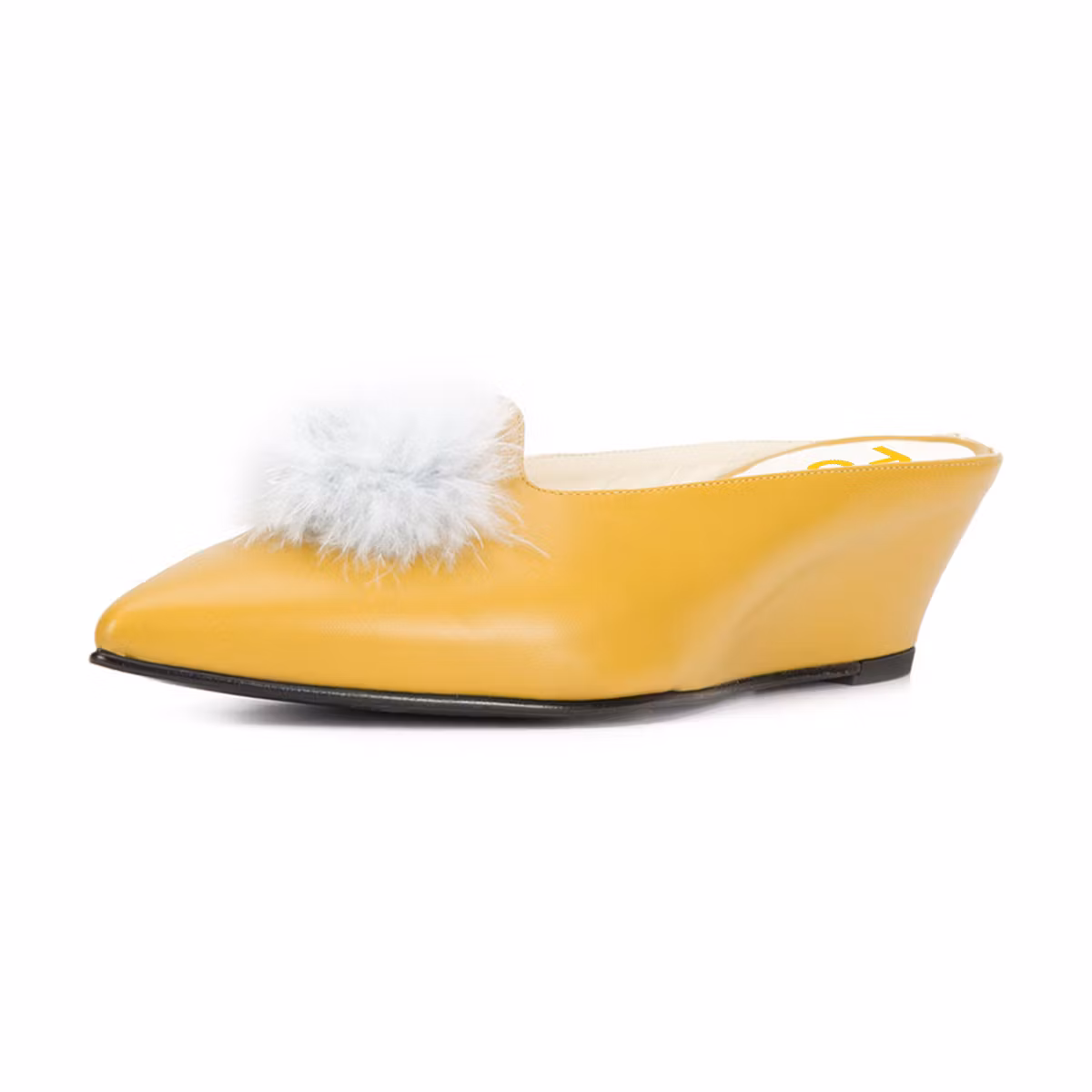 Yellow Pointed Toe Pom Poms Embellished Wedge Mules for Women US 12.5 / EU 42.5-Yellow