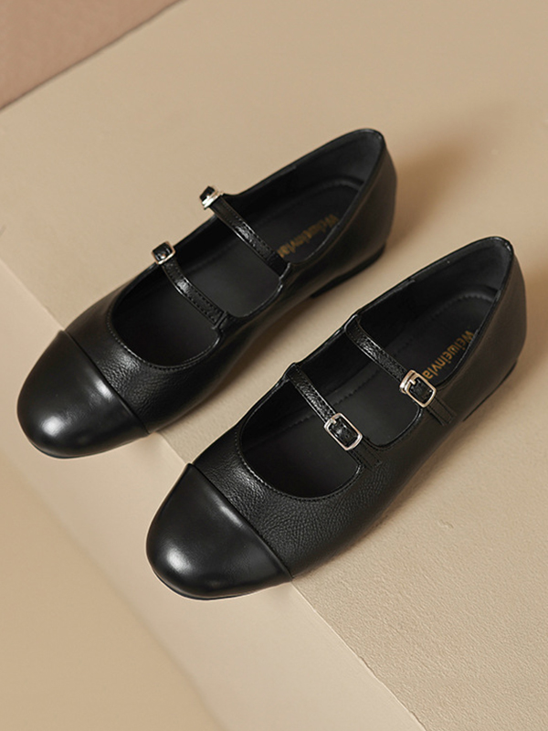 Split-Joint Round-Toe Belt Buckle Mary Janes Flat Shoes BLACK-35