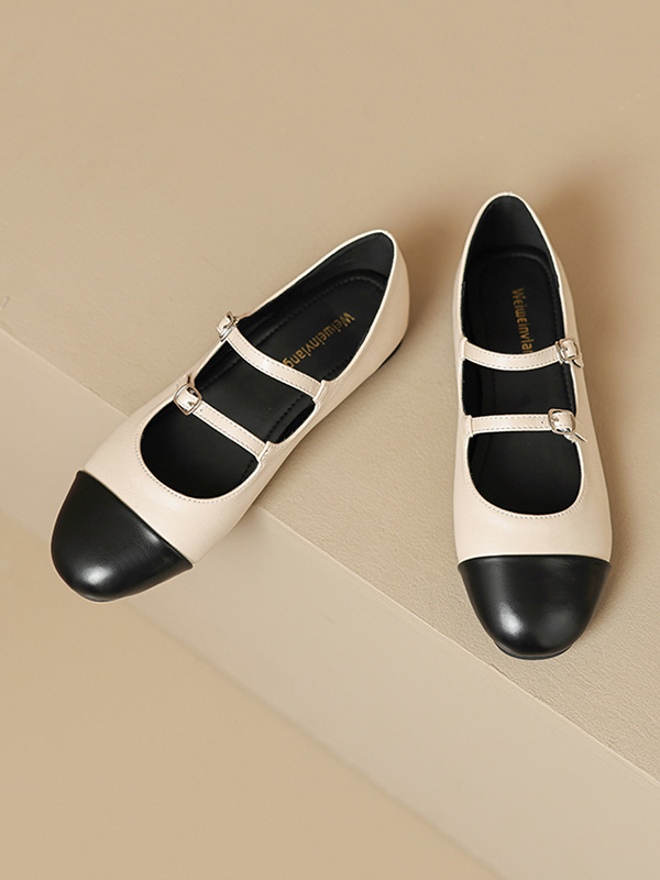 Split-Joint Round-Toe Belt Buckle Mary Janes Flat Shoes APRICOT-35