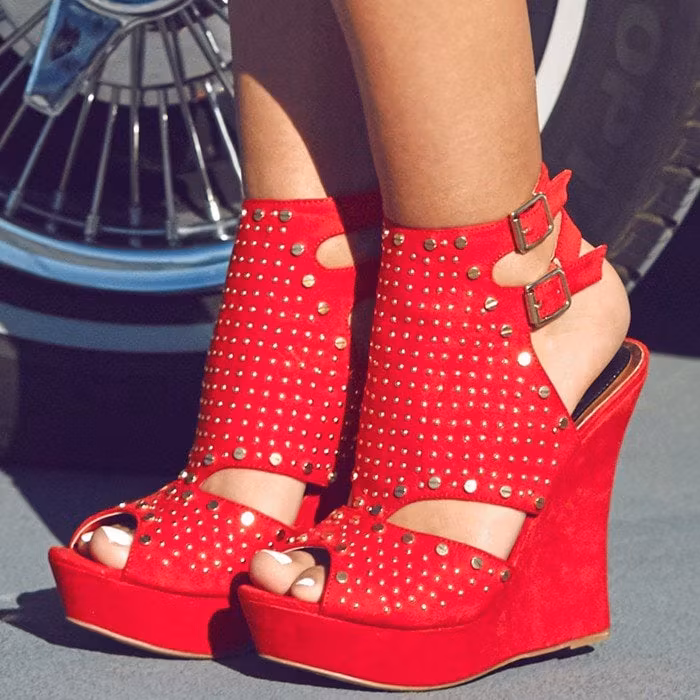Red Wedge Sandals Peep Toe Vegan Suede Platform Studs Shoes US 13 / EU 43-Red