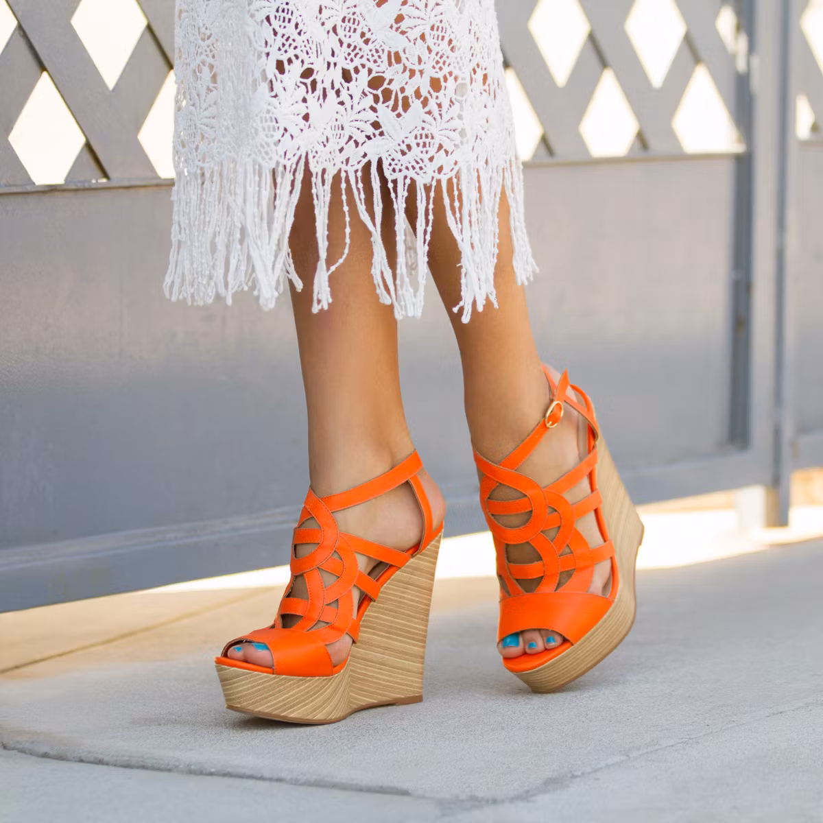 Orange Platform Heels Peep Toe Laser Cut Ankle Strap Wedge Sandals US 14 / EU 44-Orange