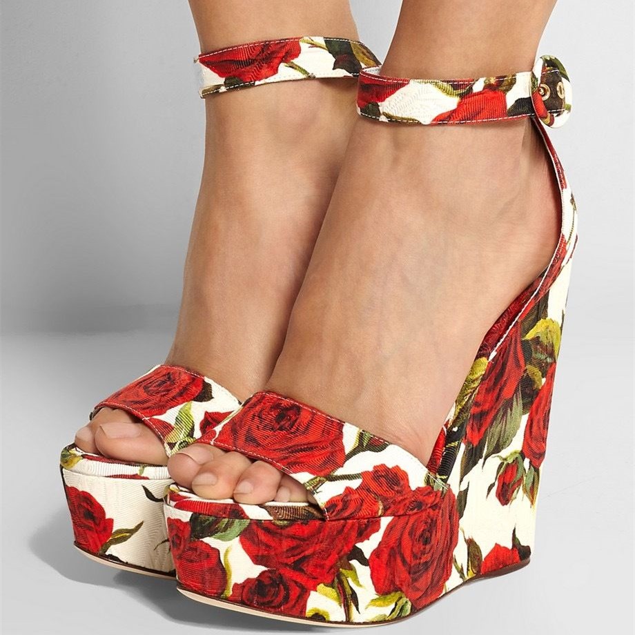 Red Rose Floral Heels Ankle Strap Platform Wedge Sandals US 10.5 / EU 40.5-Red