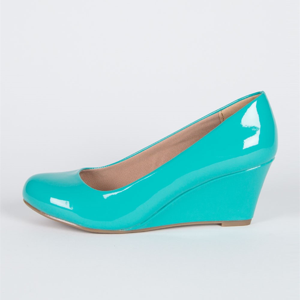 Turquoise Patent Leather Round Toe Casual Wedge Pumps for Women US 7.5 / EU 37.5