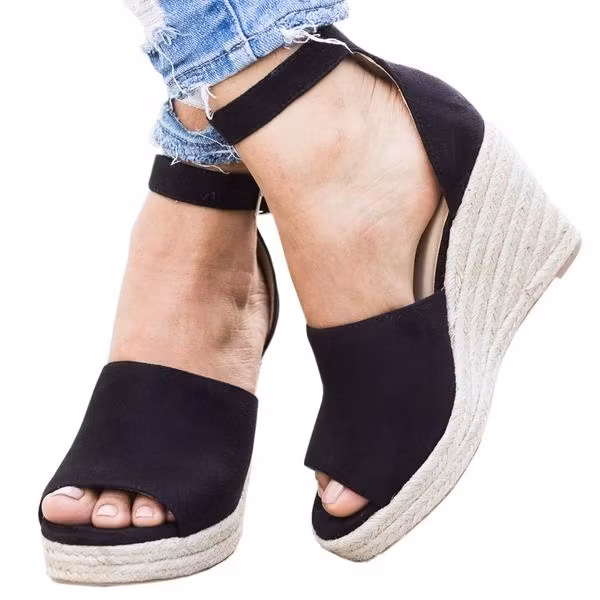 Black Vegan Suede Wedge Sandals Peep Toe Ankle Strap Platform Heels US 9 / EU 39-Black