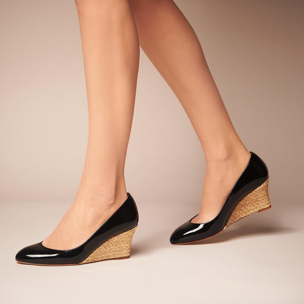 Women's Black Round Toe Wedges Heels Patent Leather Pumps US 5 / EU 35-Black
