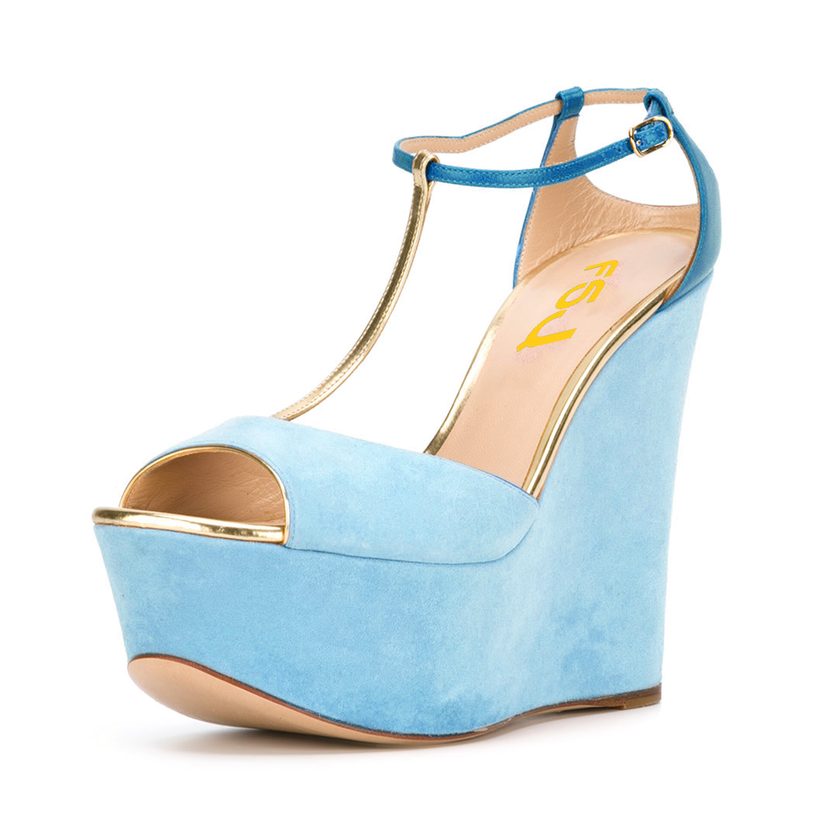 Light Blue Wedge Sandals T-Strap Vegan Suede Peep Toe Platform Heels US 11.5 / EU 41.5-LightBlue
