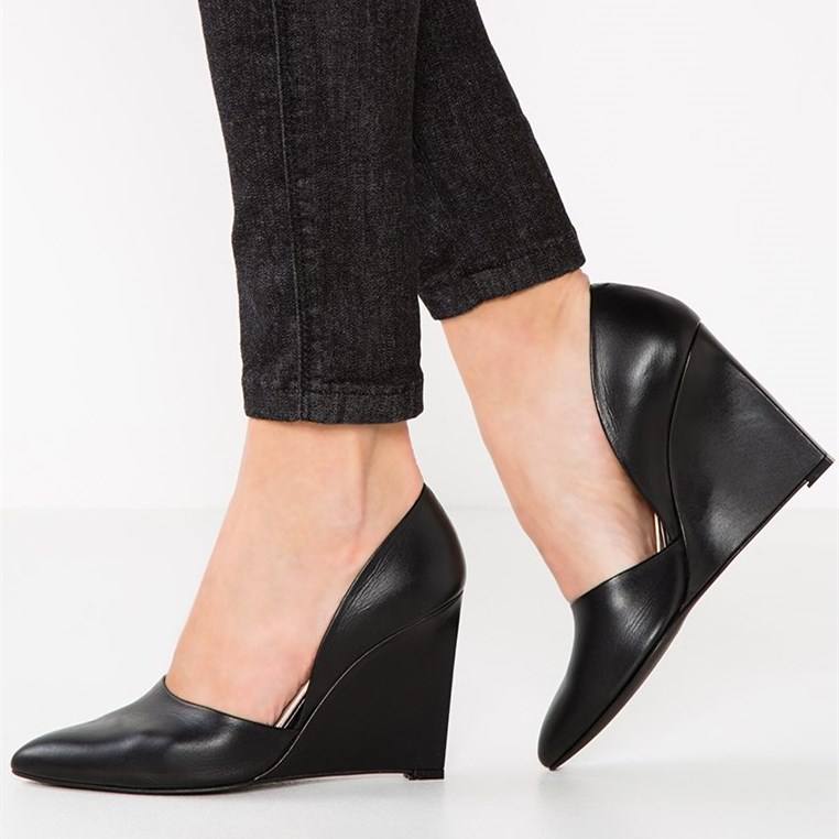 Women's Black Almond Toe Wedge Heels Office Pumps Shoes US 10.5 / EU 40.5-Black