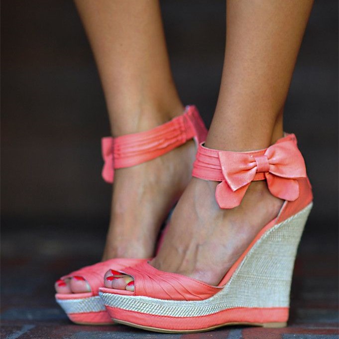 Coral Pink Peep Toe Pleated Ankle Strap Wedge Sandals with Bows US 11 / EU 41-pink