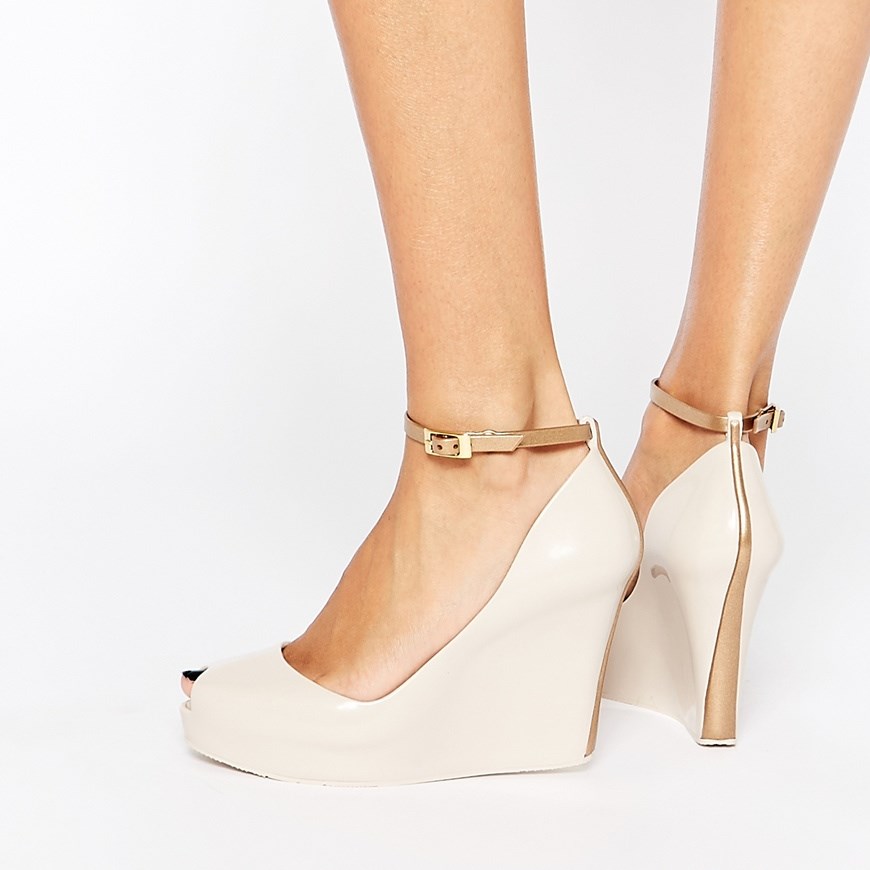 Light Beige Wedge Heels Ankle Strap Peep Toe Platform Pumps for Women US 11 / EU 41-Beige