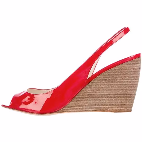 Red Peep Toe Wedge Heels Office Shoes Slingback Sandals US 14 / EU 44-Red