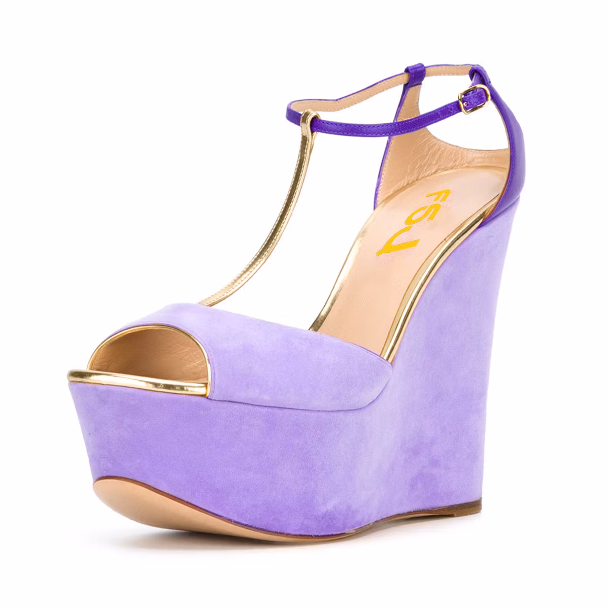 FSJ Purple Vegan Suede T-Strap Heels Peep Toe Wedge Platform Sandals US 5 / EU 35-Purple