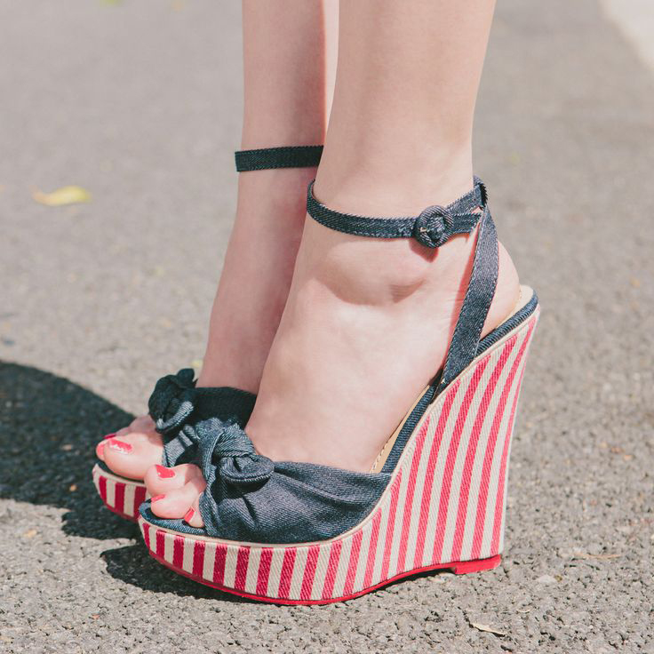 Navy Denim Peep Toe Heels Ankle Strap Striped Wedge Platform Sandals US 8.5 / EU 38.5-Navy