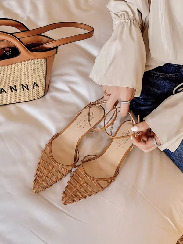 Split-Joint Pointed-Toe Hollow Sling Shoes Sandals BROWN-34