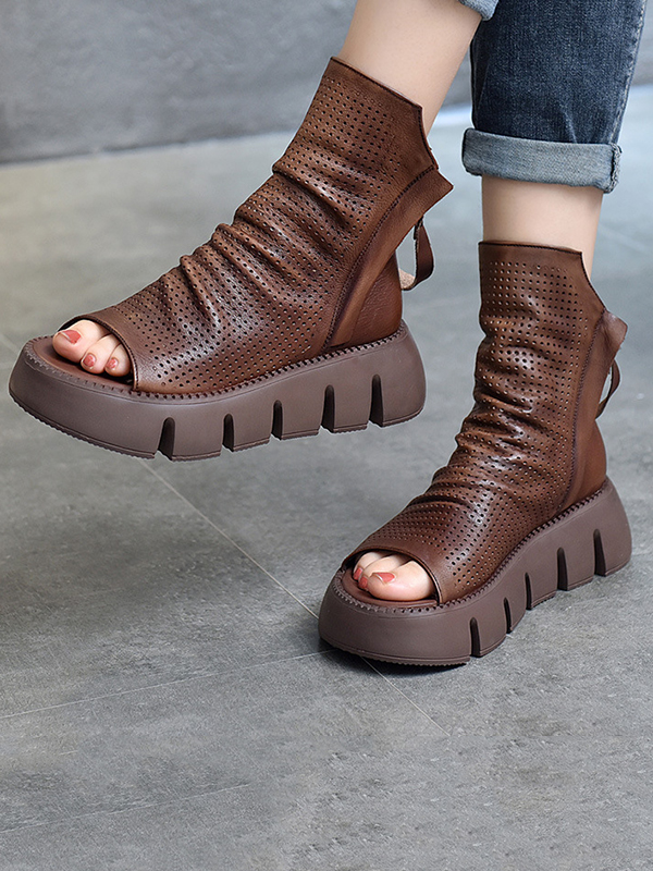 Urban Black Brown Zipper Hollow Platform Shoes BROWN-40
