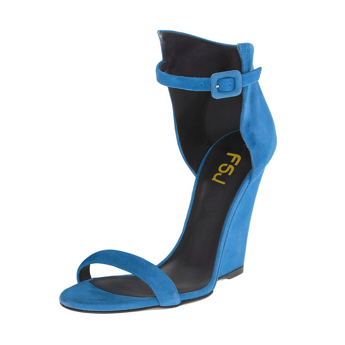 Cobalt Blue Open Toe Ankle Strap Vegan Suede Wedge Sandals US 4.5 / EU 34.5-Blue