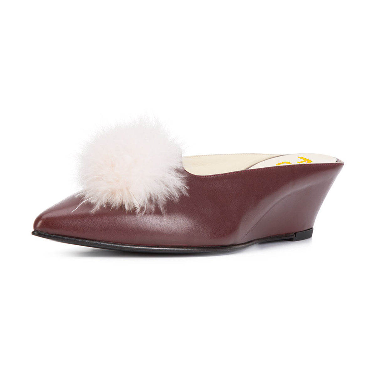 Maroon Pointed Toe Pom Poms Wedge Heel Mule Shoes for Women US 14 / EU 44-Maroon
