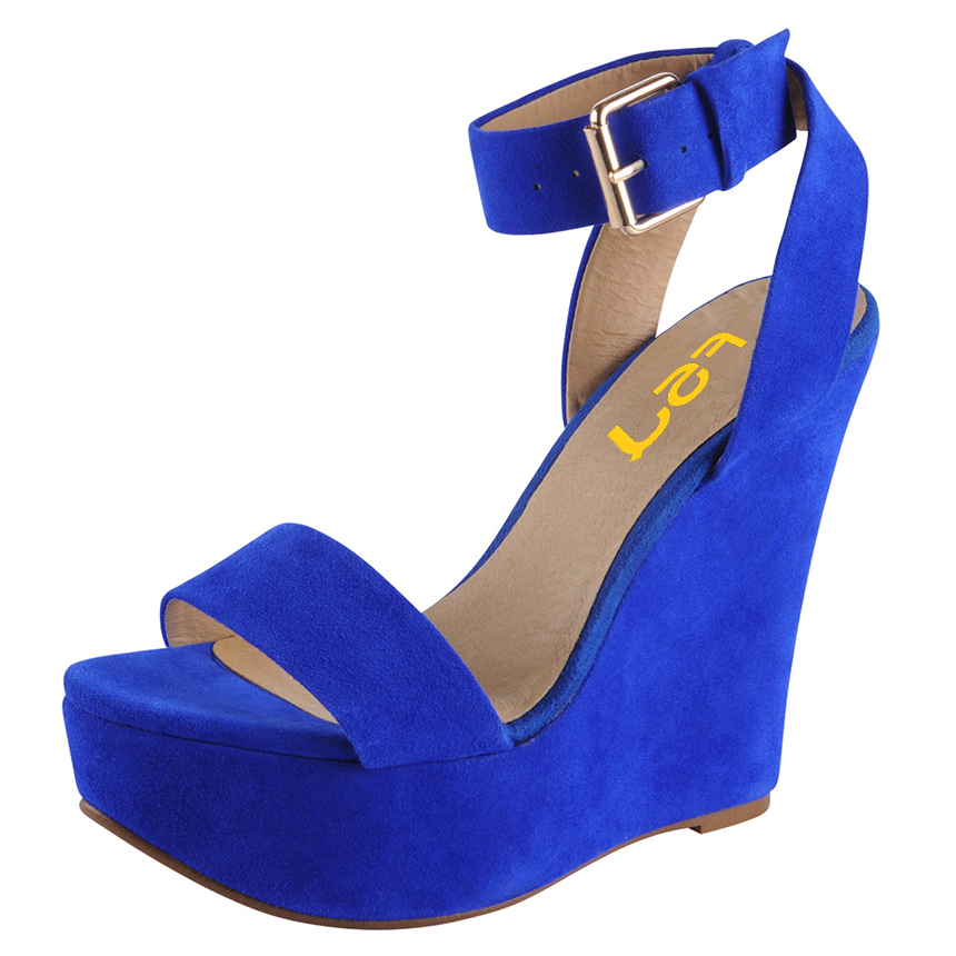 Women's Royal Blue Vegan Suede Ankle Strap Wedge Platform Sandals US 14 / EU 44-Blue