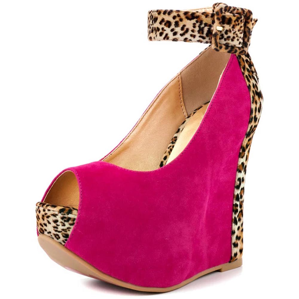Magenta Leopard Print Vegan Suede Ankle Strap Platform Wedge Pumps US 10 / EU 40-pink-Leopard Print