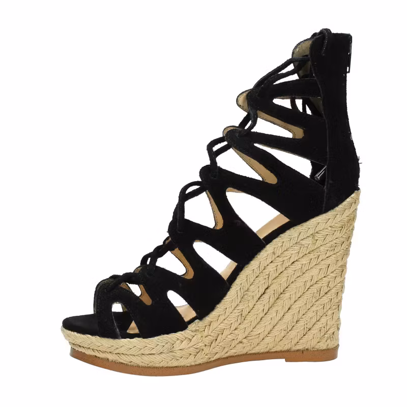 Black Vegan Suede Lace Up Wedge Heels Peep Toe Platform Sandals US 13 / EU 43-Black