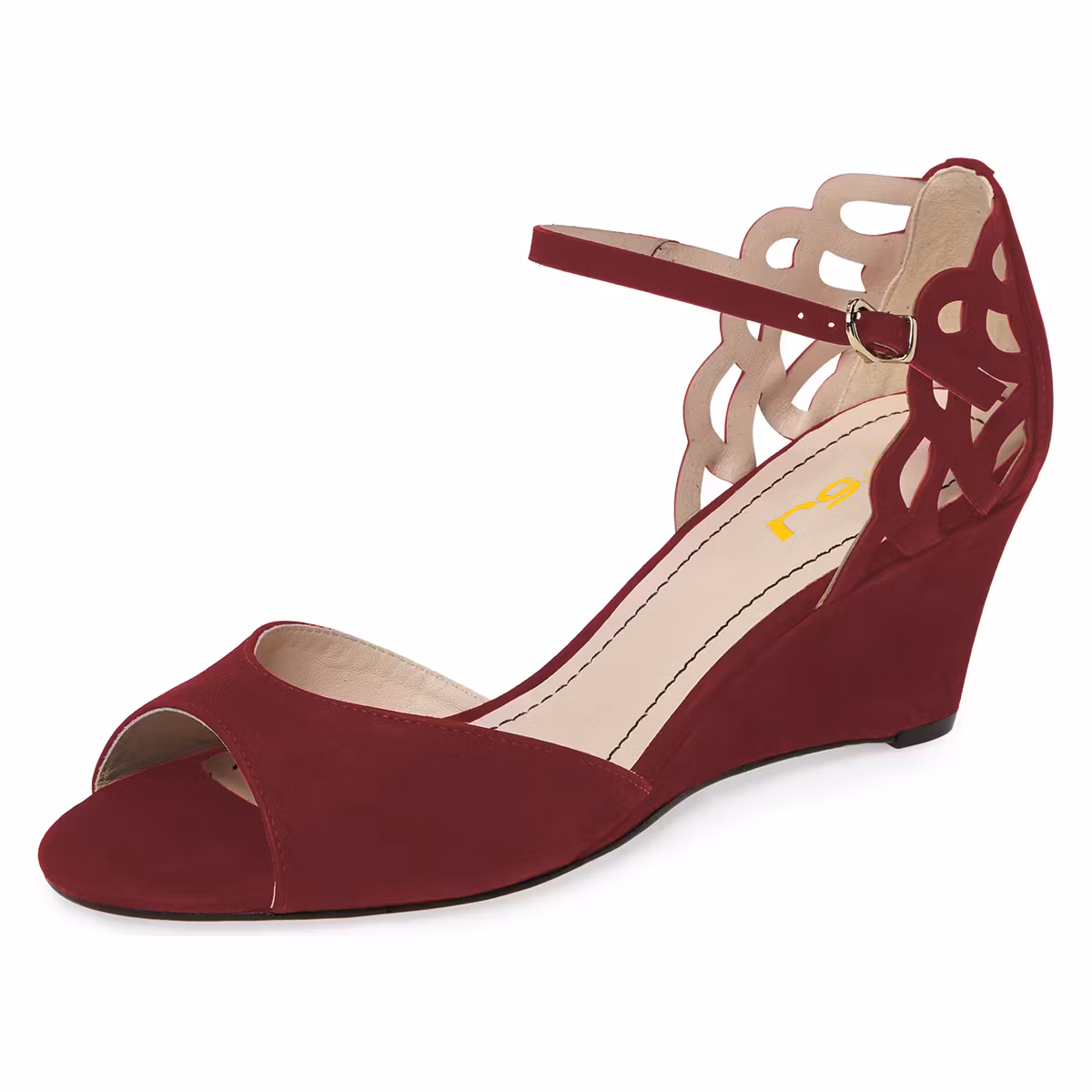 FSJ Burgundy Wedge Sandals Peep Toe Laser Cut Heels US 9 / EU 39-Maroon