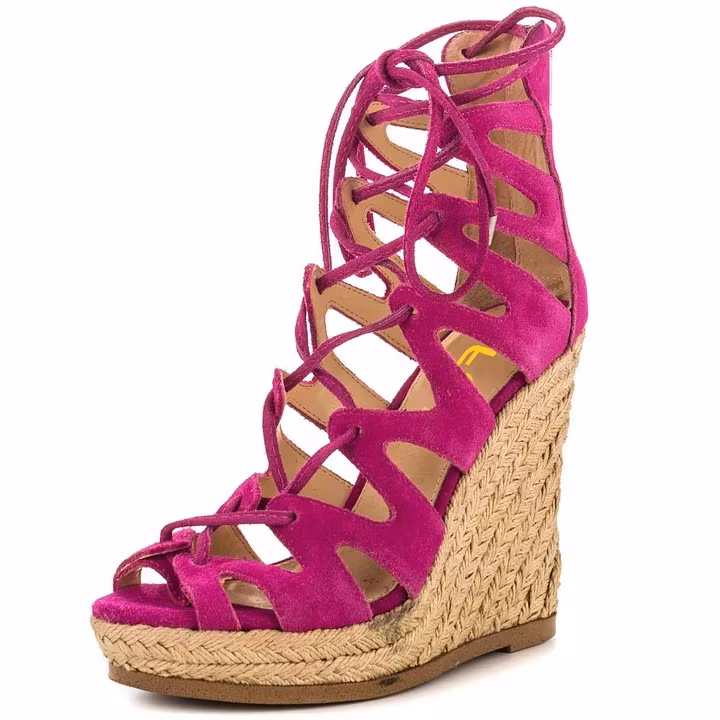 Fuchsia Vegan Suede Peep Toe Lace Up Espadrille Wedge Sandals US 14.5 / EU 44.5-Fuchsia